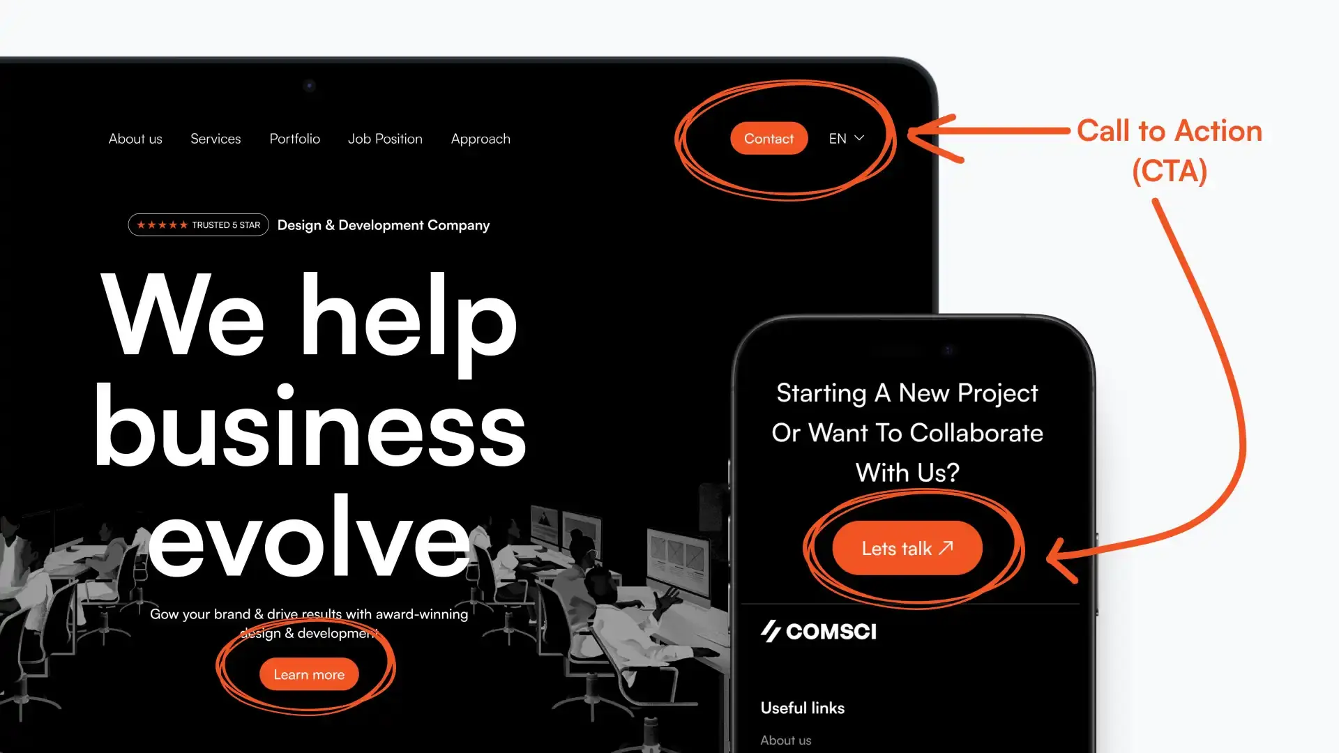 Mock-up examples showcasing effective placement and design of prominent calls to action on different webpage contexts.