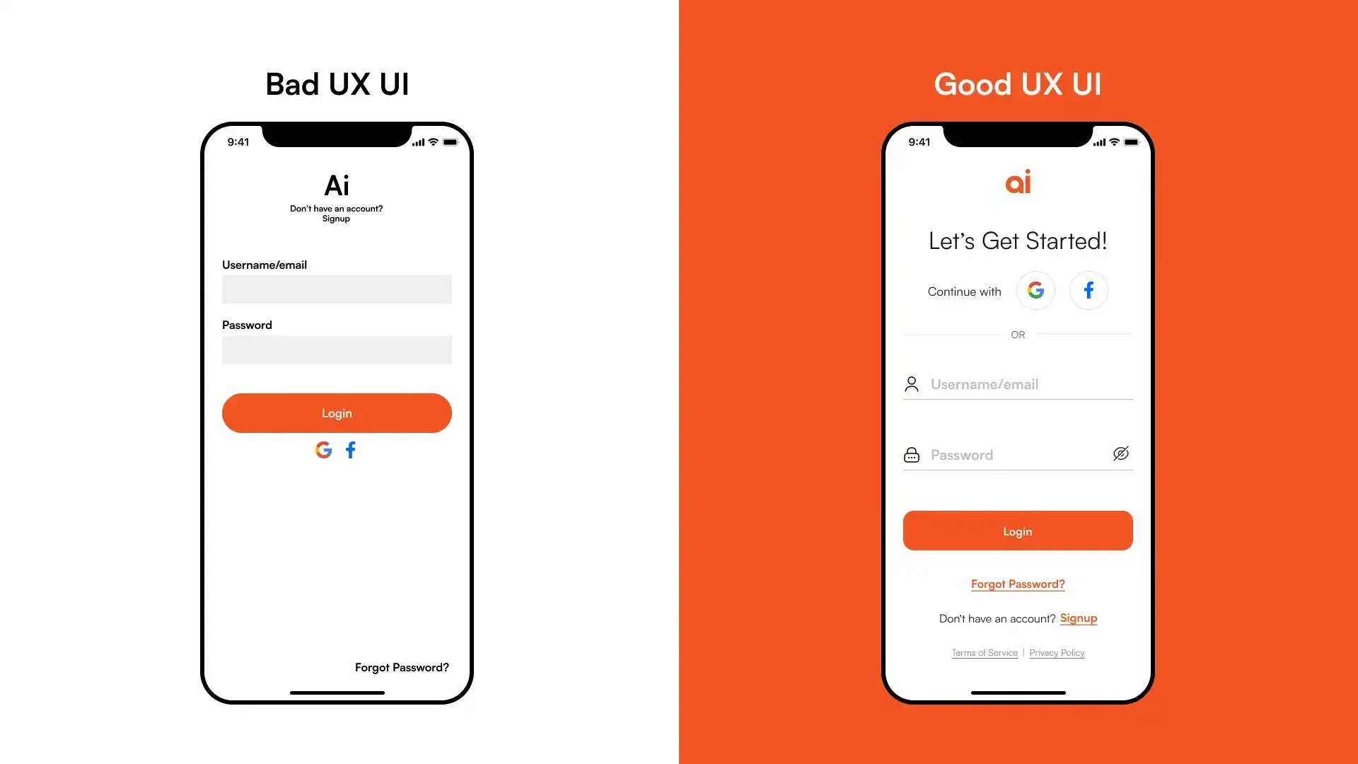 Split graphic illustrating poor UX/UI elements versus good, user-friendly design elements.