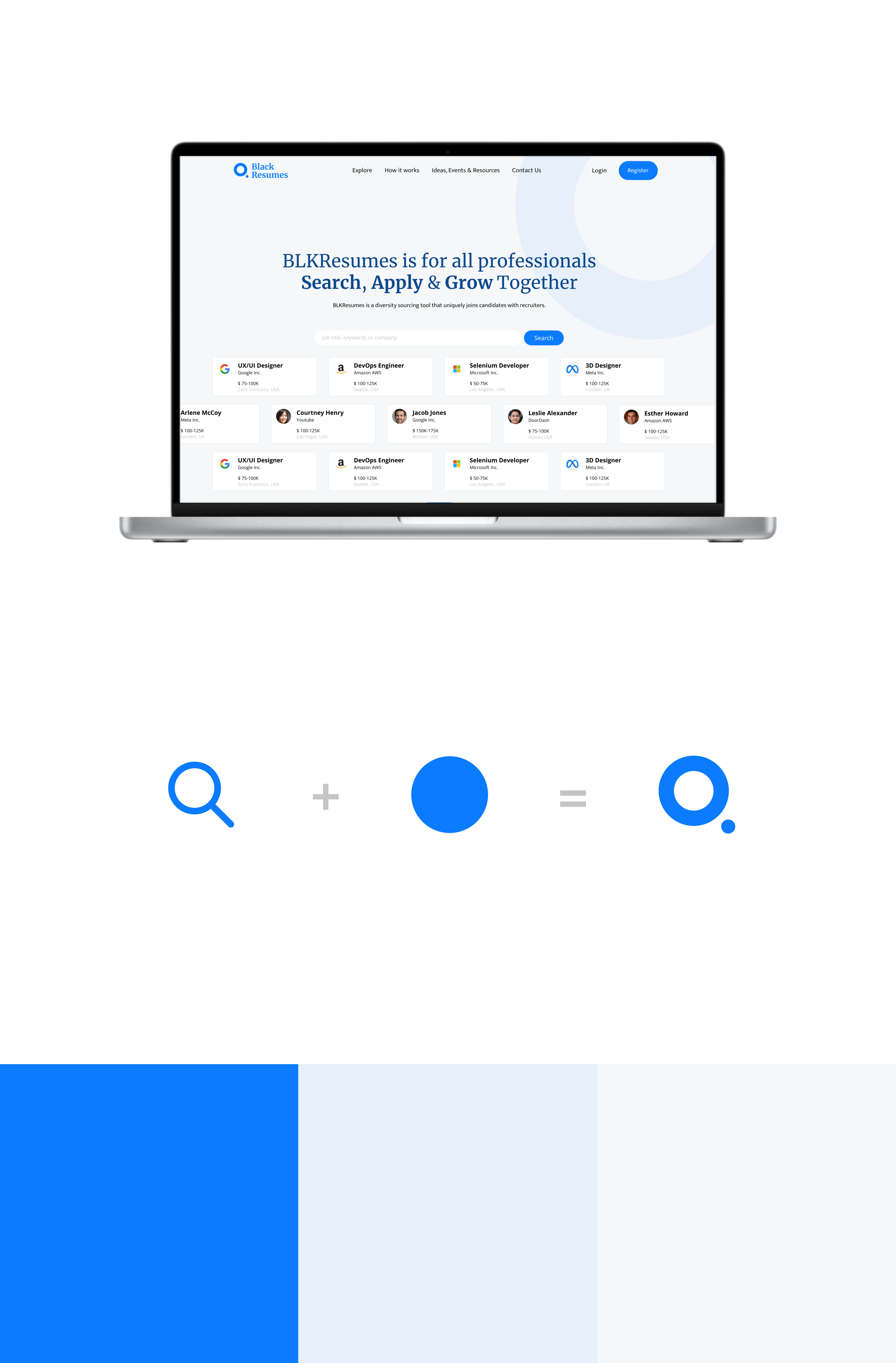 Laptop mockup displaying the BLKResumes recruitment platform homepage interface, alongside a visual equation illustrating the brand's 'Q' logo concept.