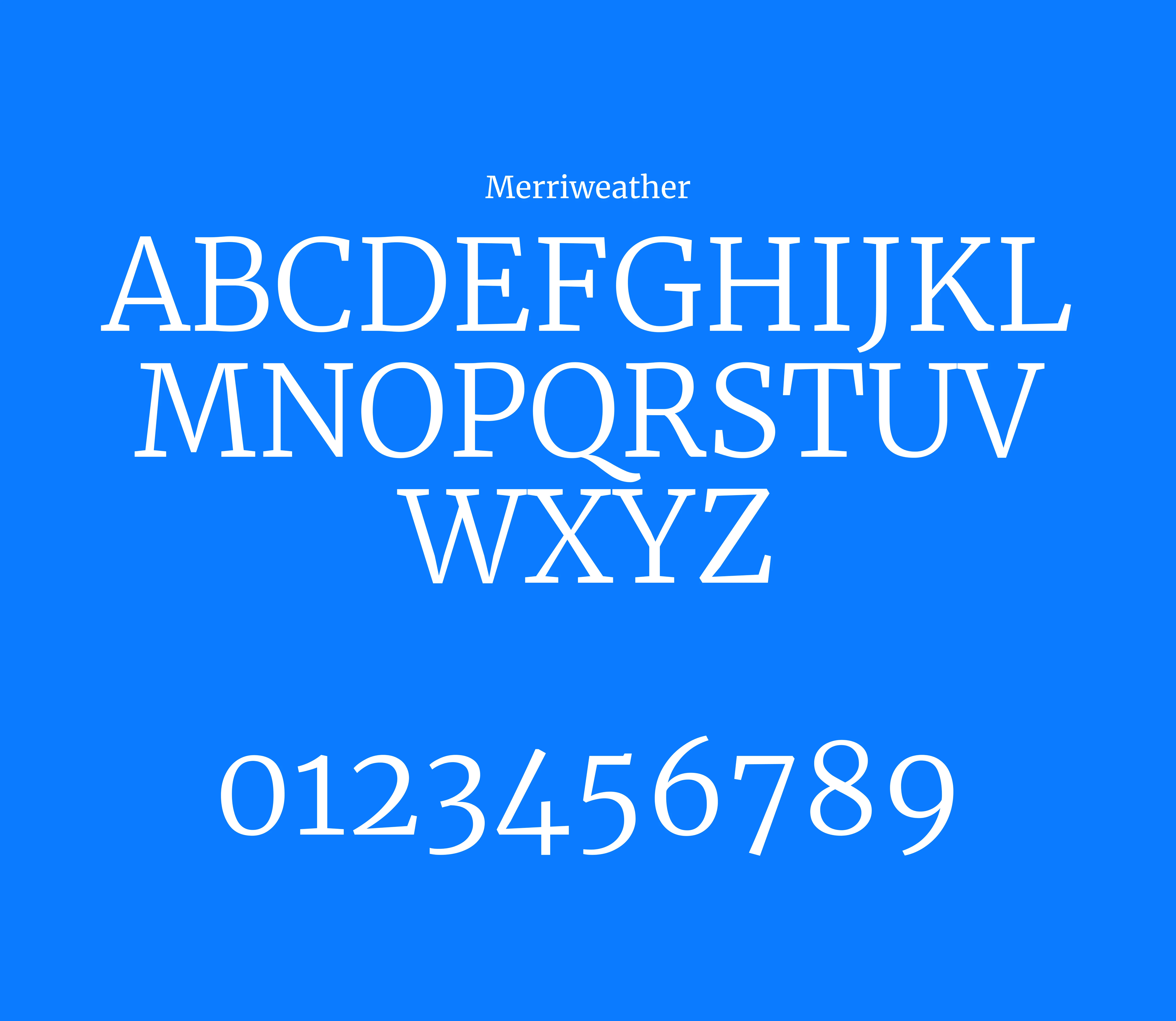 Merriweather typography specimen sheet displaying the primary font family used for the BLKResumes brand identity on a blue background.