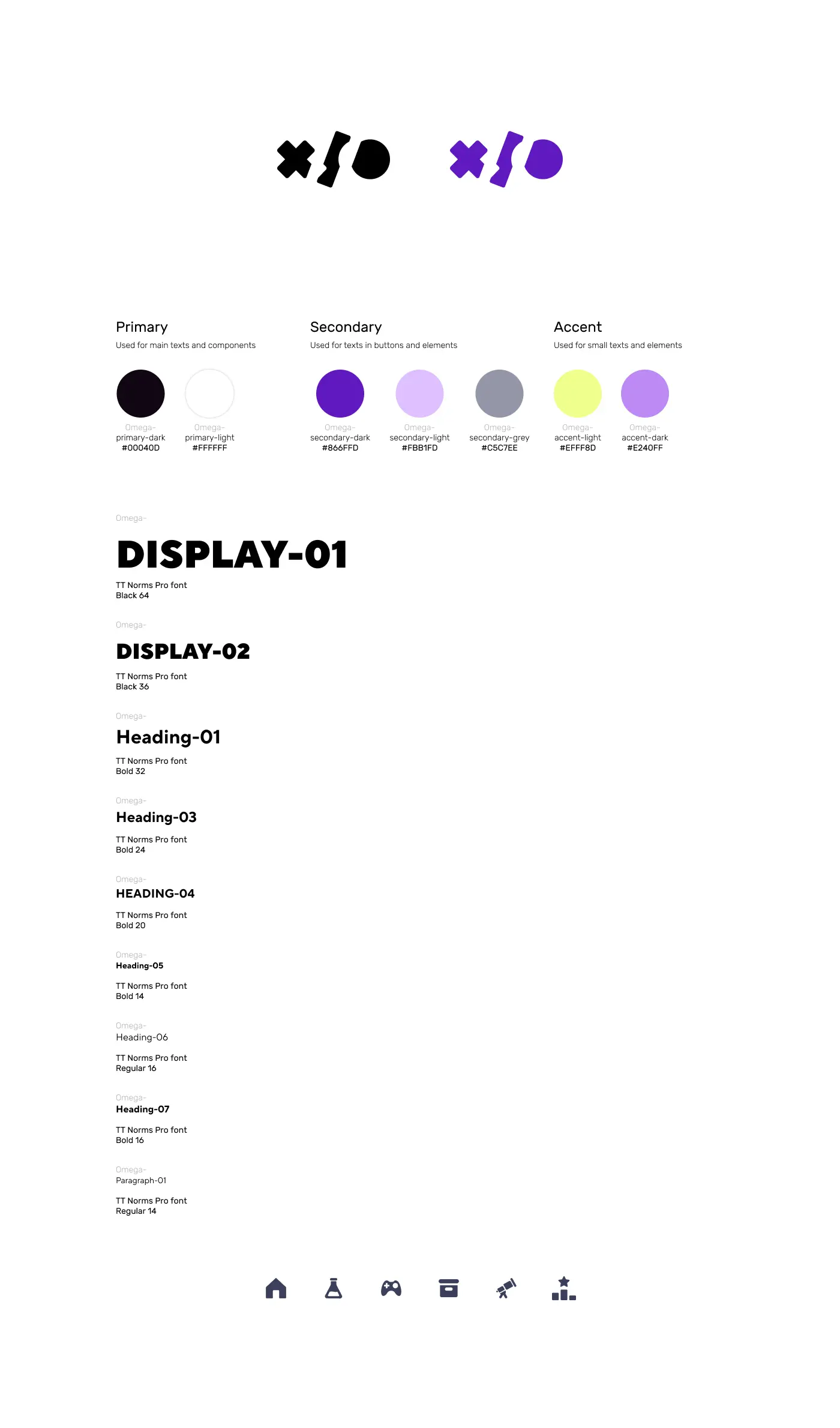 Black Lusion Web3 marketplace design system documentation showing logo variations, a dark and purple color palette with hex codes, TT Norms Pro typography hierarchy, and sets of UI icons.