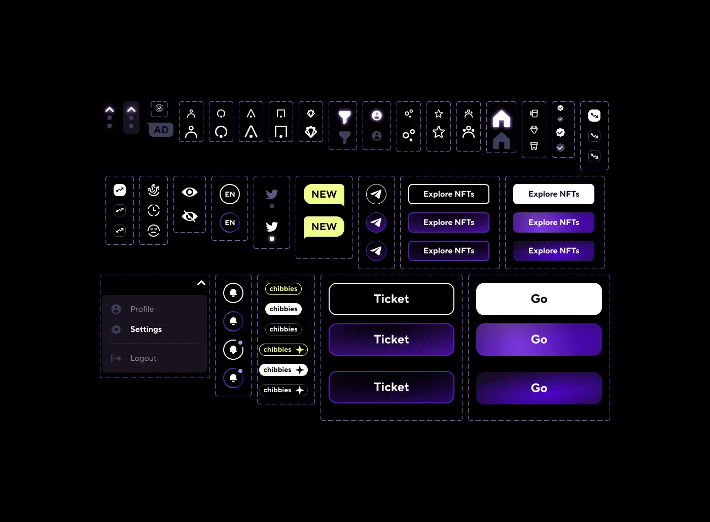 A comprehensive set of dark mode UI components and elements for the Black Lusion marketplace, including glowing purple buttons, icon packs, navigation bars, and interactive toggles.