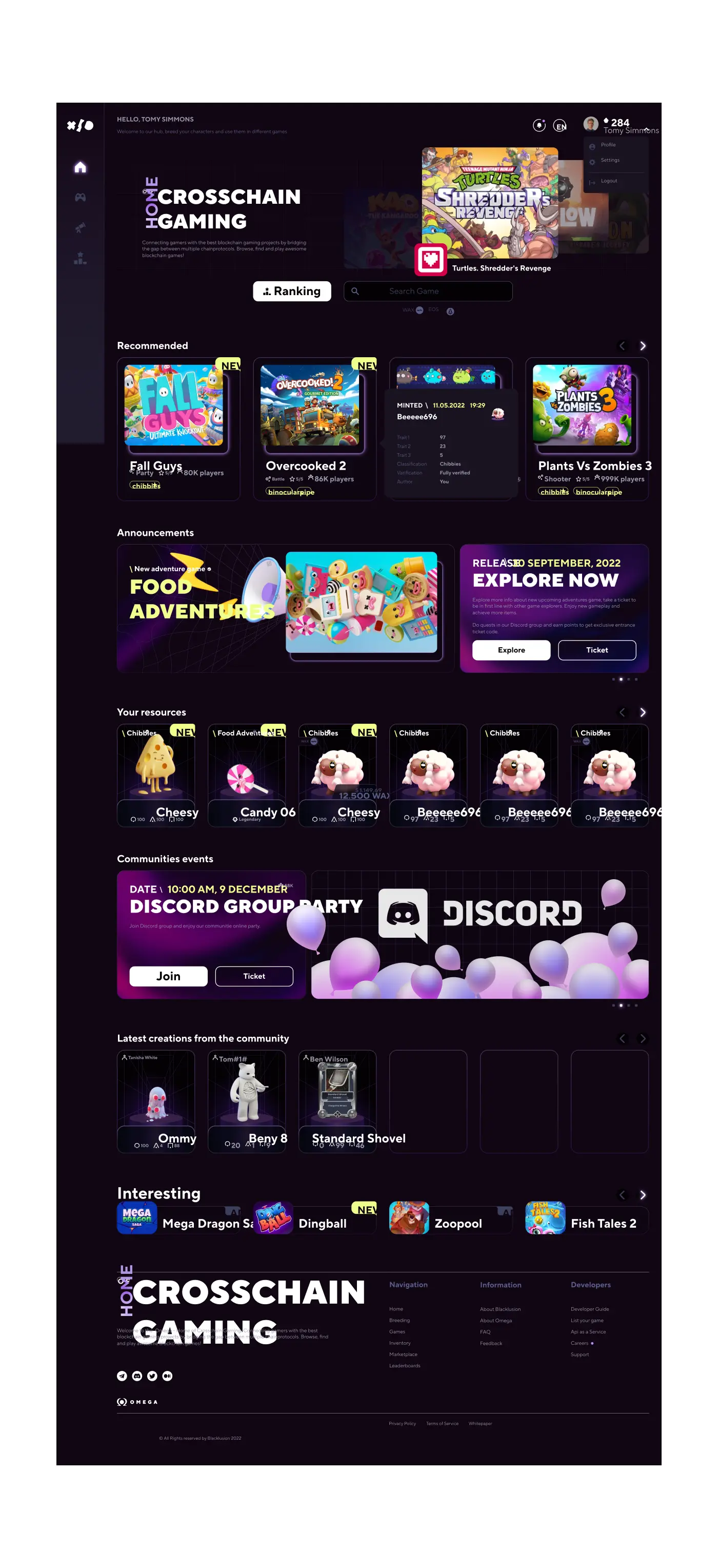 Full desktop homepage mockup of the Black Lusion Web3 Games Marketplace, featuring a dark interface with crosschain gaming banners, recommended game tiles, NFT resource listings, and community event promotions.