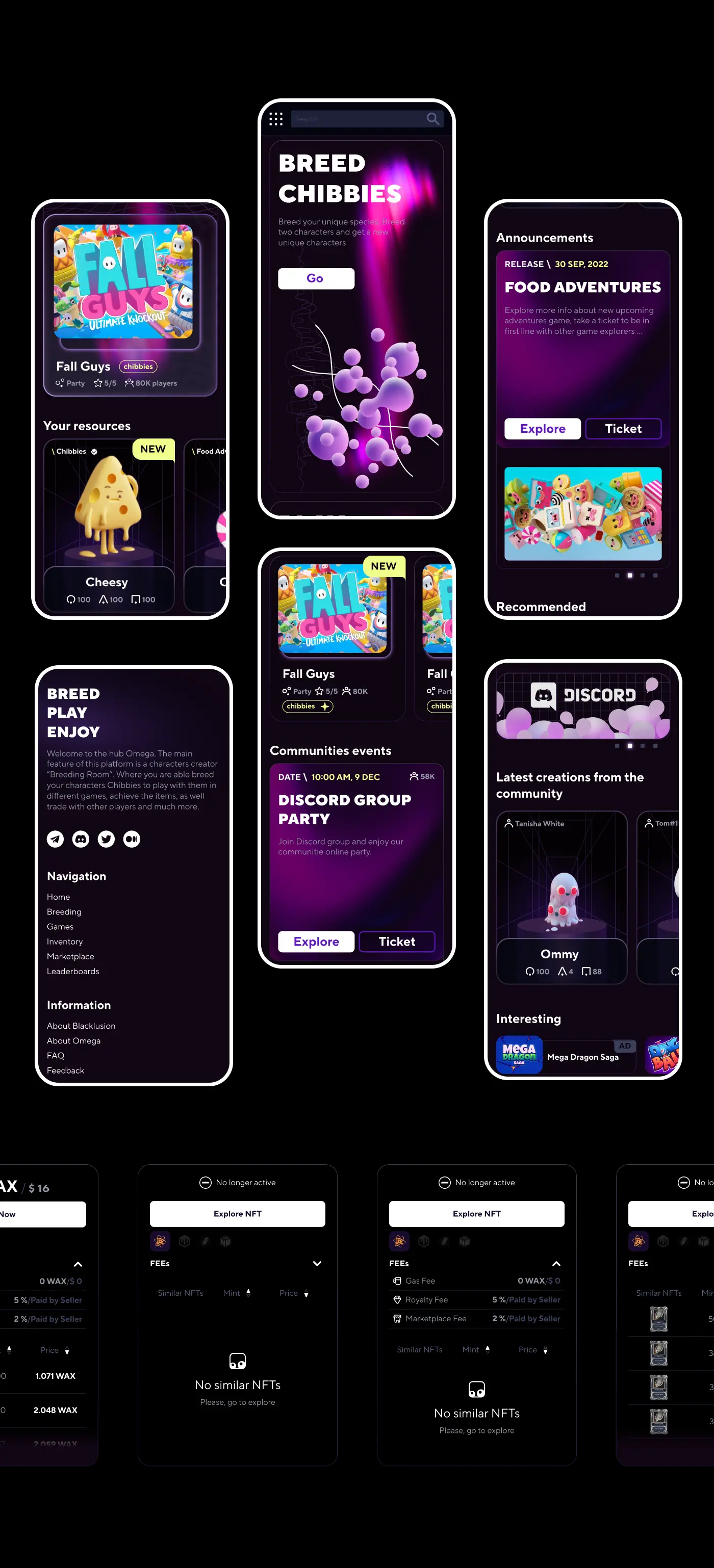 A collage of mobile application screens and desktop UI components for the Black Lusion marketplace, showcasing features like NFT breeding, game announcements, mobile navigation, and NFT search states.