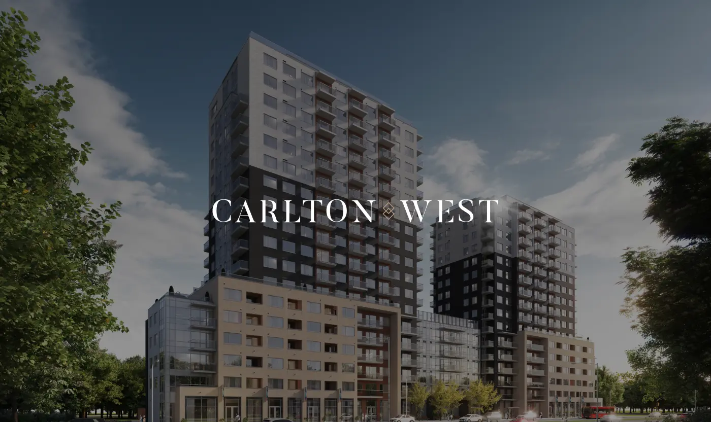 The white Carlton West logo overlaid on a photorealistic architectural rendering of two modern high-rise apartment buildings in Ottawa under a partly cloudy sky.