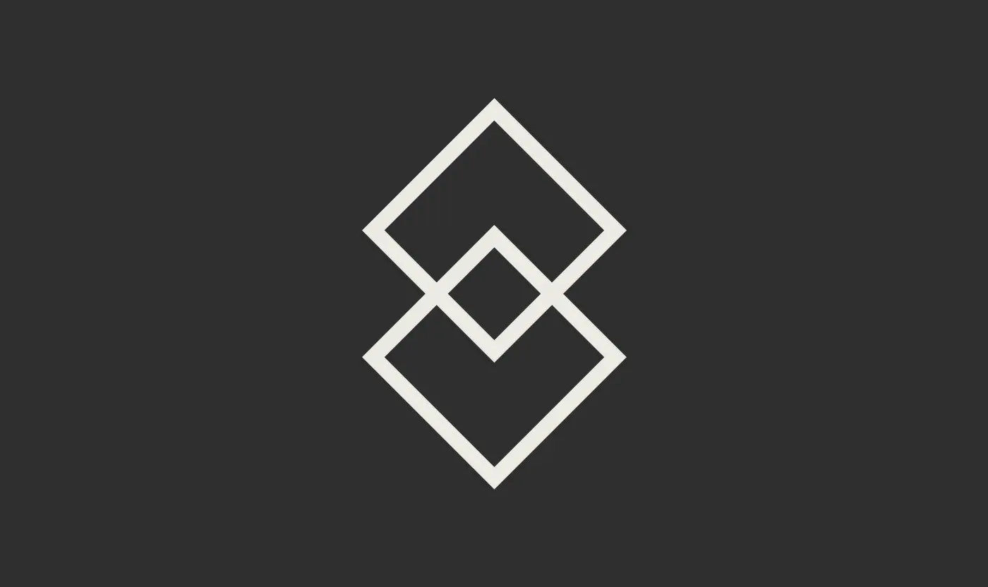 A minimalist geometric logo icon consisting of two interlocking squares outlined in white on a dark charcoal background.