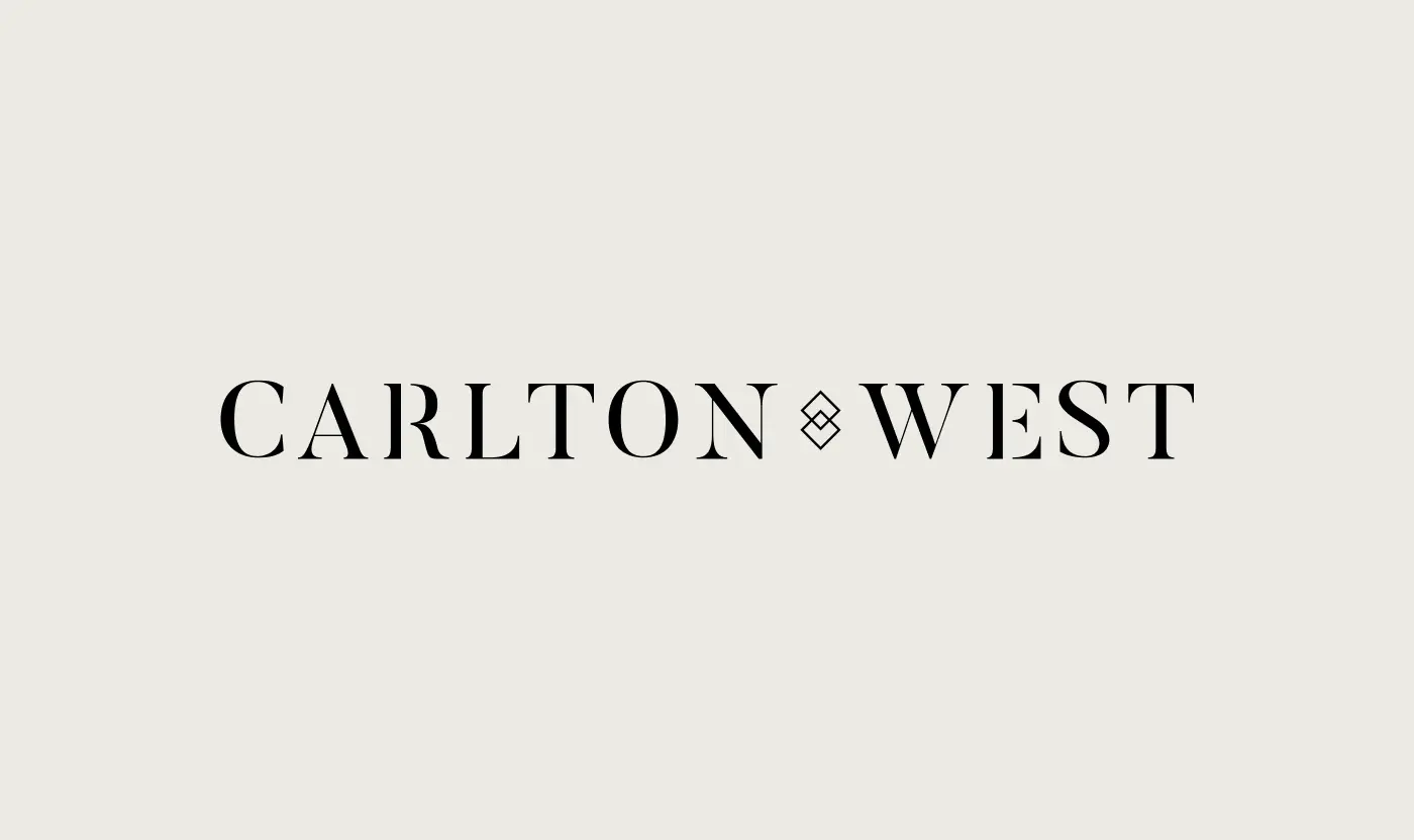 The full Carlton West brand wordmark with the interlocking square icon positioned between 'Carlton' and 'West', presented in a dark serif font on a light beige background.