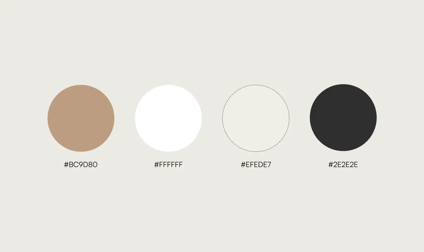 Brand color palette swatches for Carlton West, displaying circles of tan (#BC9D80), white (#FFFFFF), off-white (#EFEDE7), and dark charcoal (#2E2E2E) with their corresponding hex codes.