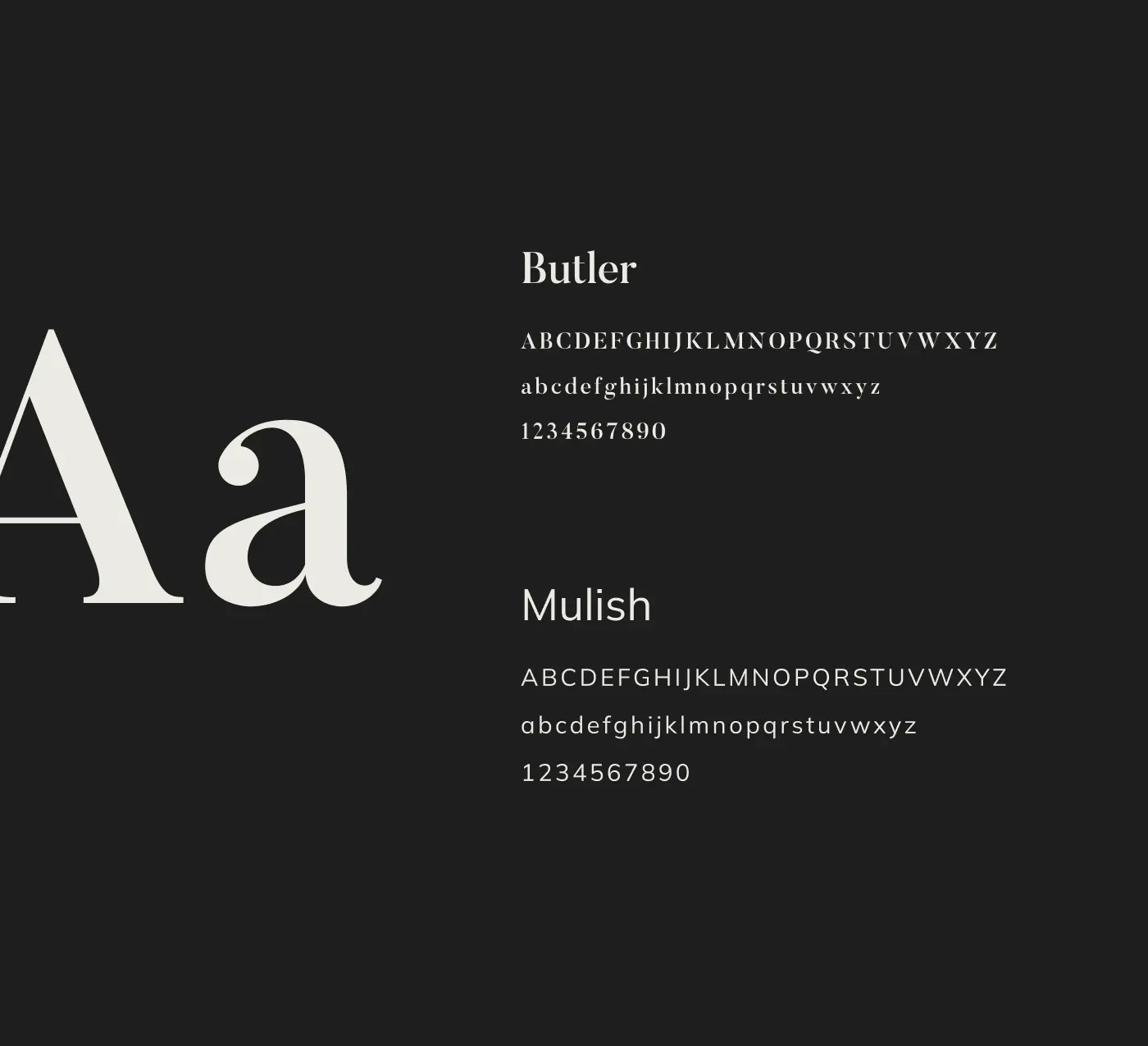 Typography specimen sheet for the Carlton West brand, showcasing the Butler serif font for headlines and the Mulish sans-serif font for body text, with examples of letters and numbers.