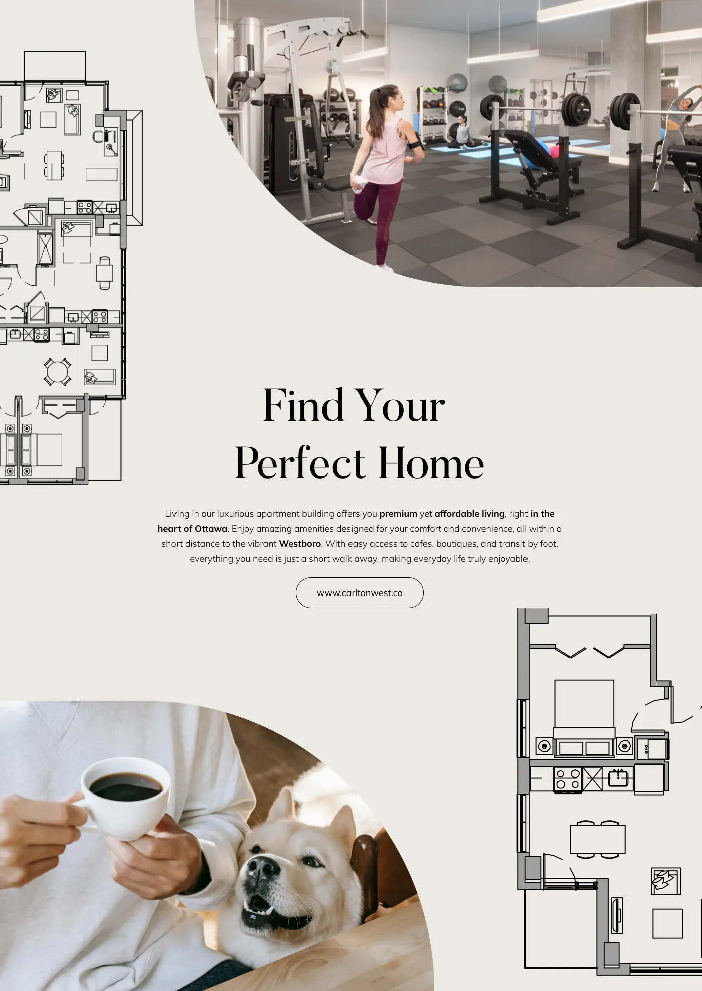 A promotional poster for Carlton West featuring the headline 'Find Your Perfect Home', body text about premium living in Ottawa, a website URL, images of apartment floor plans, and a person with a dog.