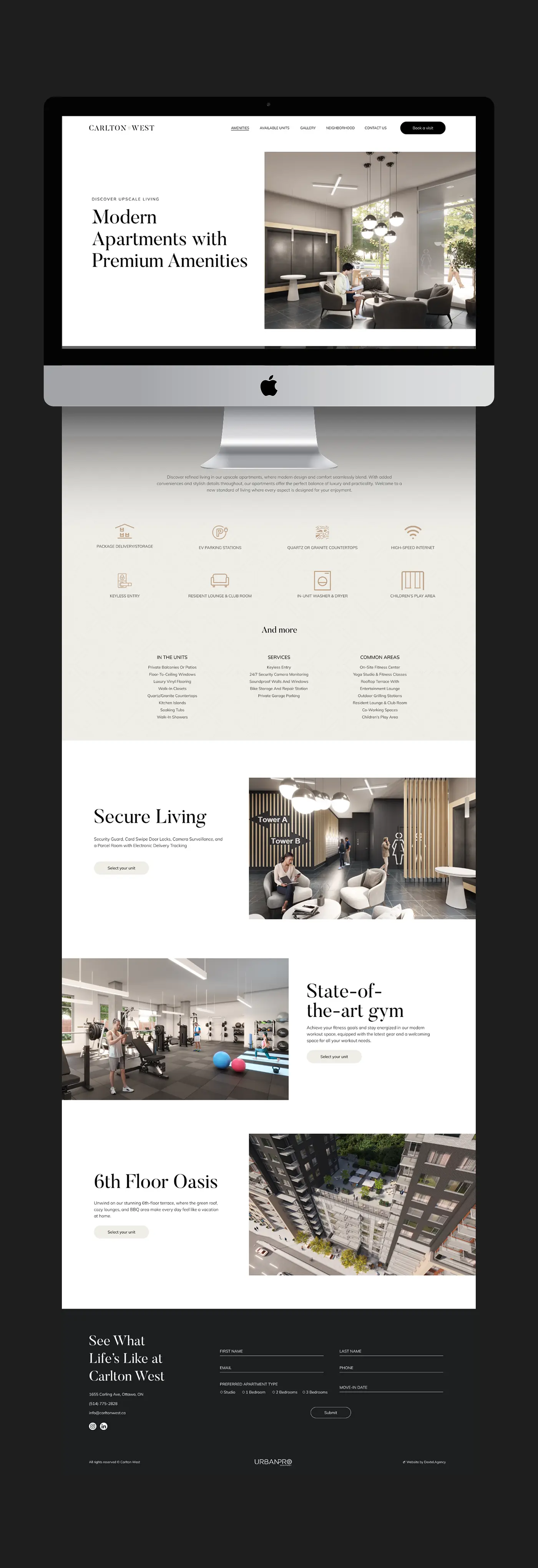 A full-page desktop screenshot of the Carlton West real estate website homepage, displaying the hero section with a lounge image, a list of amenities with icons, sections for 'Secure Living', 'State-of-the-art gym', and '6th Floor Oasis', and a footer with contact information.