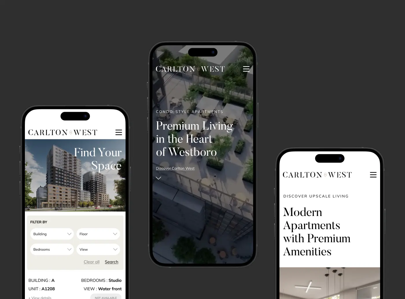 Three smartphone mockups displaying different screens of the Carlton West mobile website, including a unit search filter, the homepage with a rooftop terrace view, and an amenities discovery section.