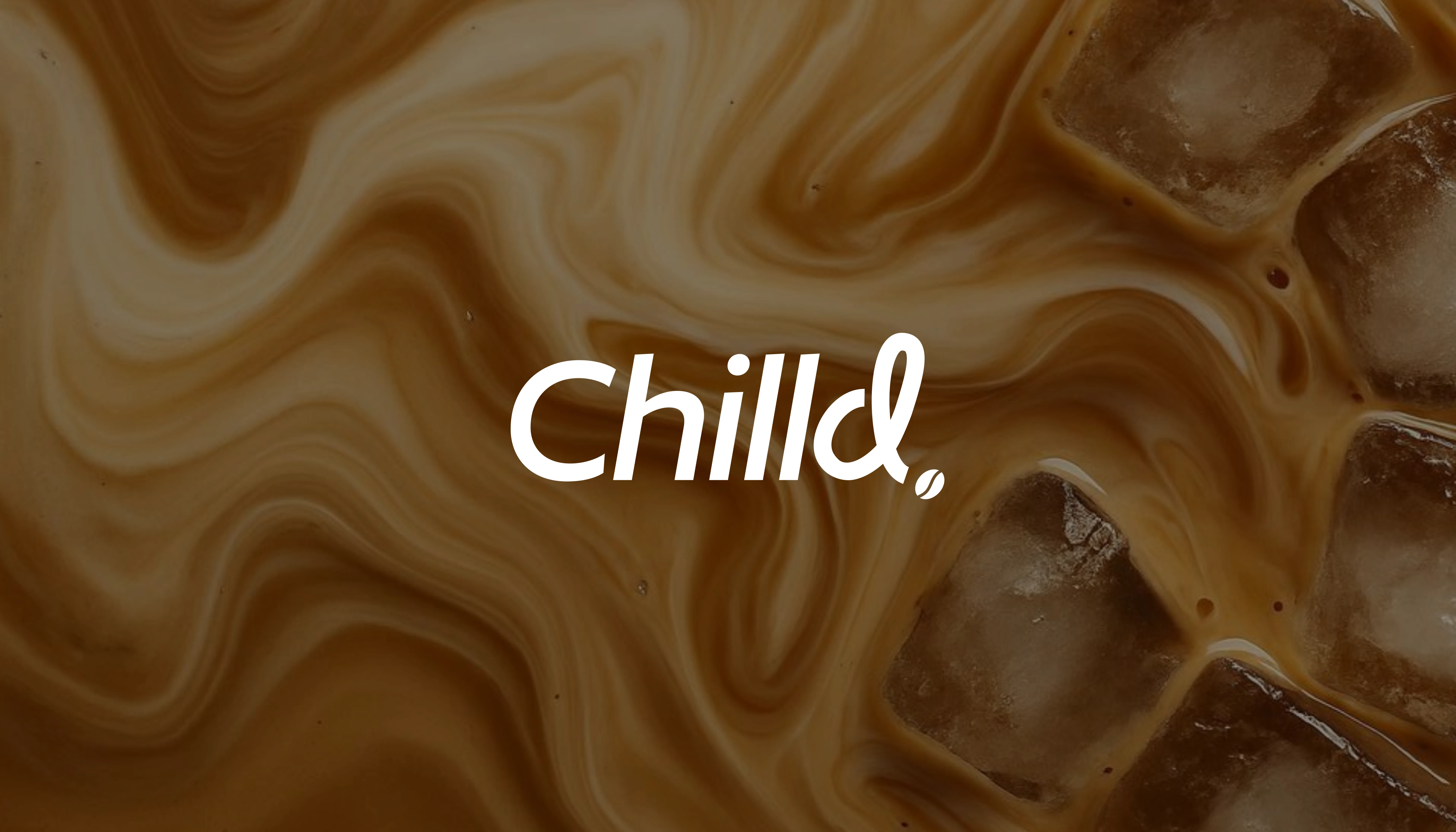 White Chilld coffee logo over swirling iced coffee texture background.