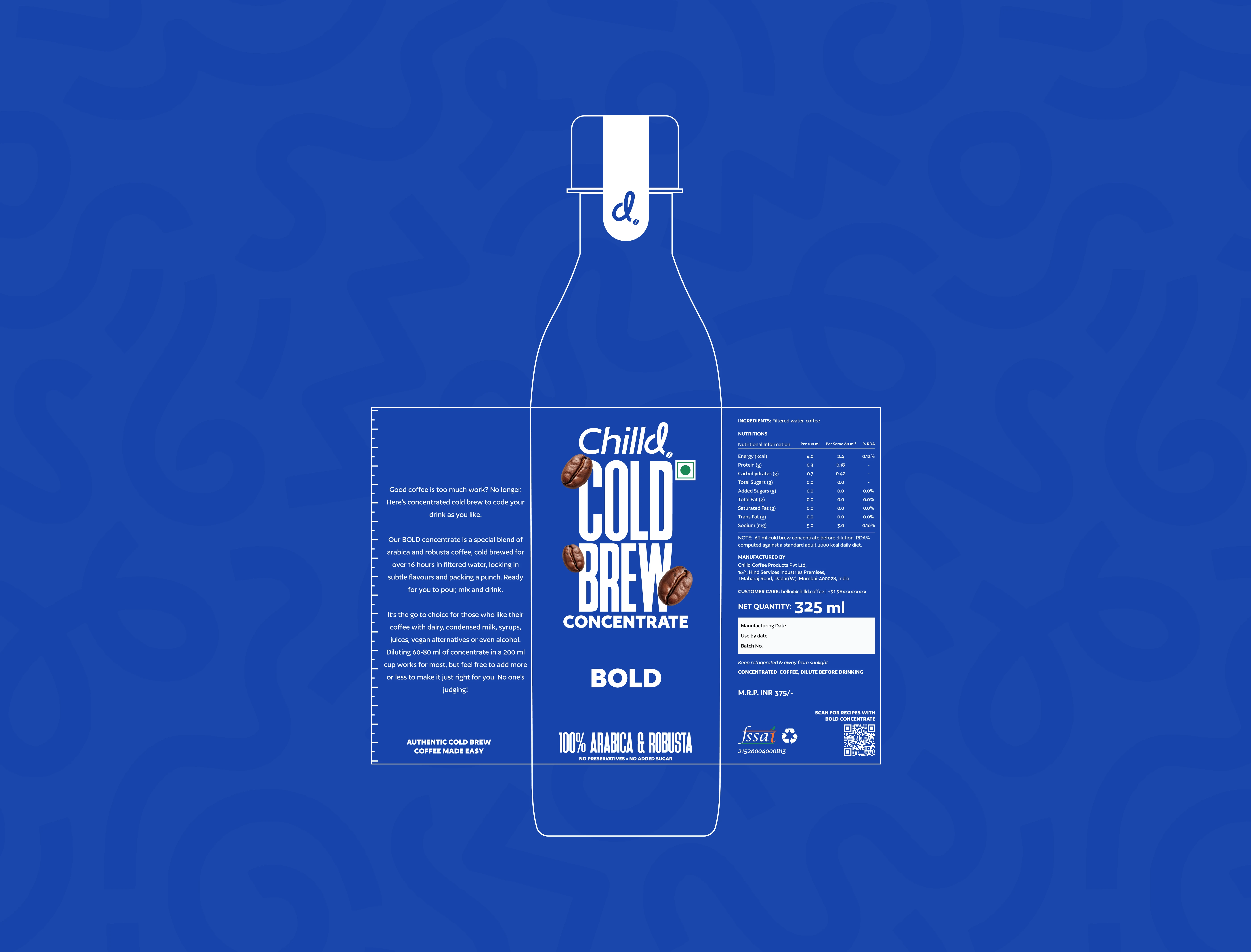 Flat packaging label blueprint design for Chilld Cold Brew Bold bottle.
