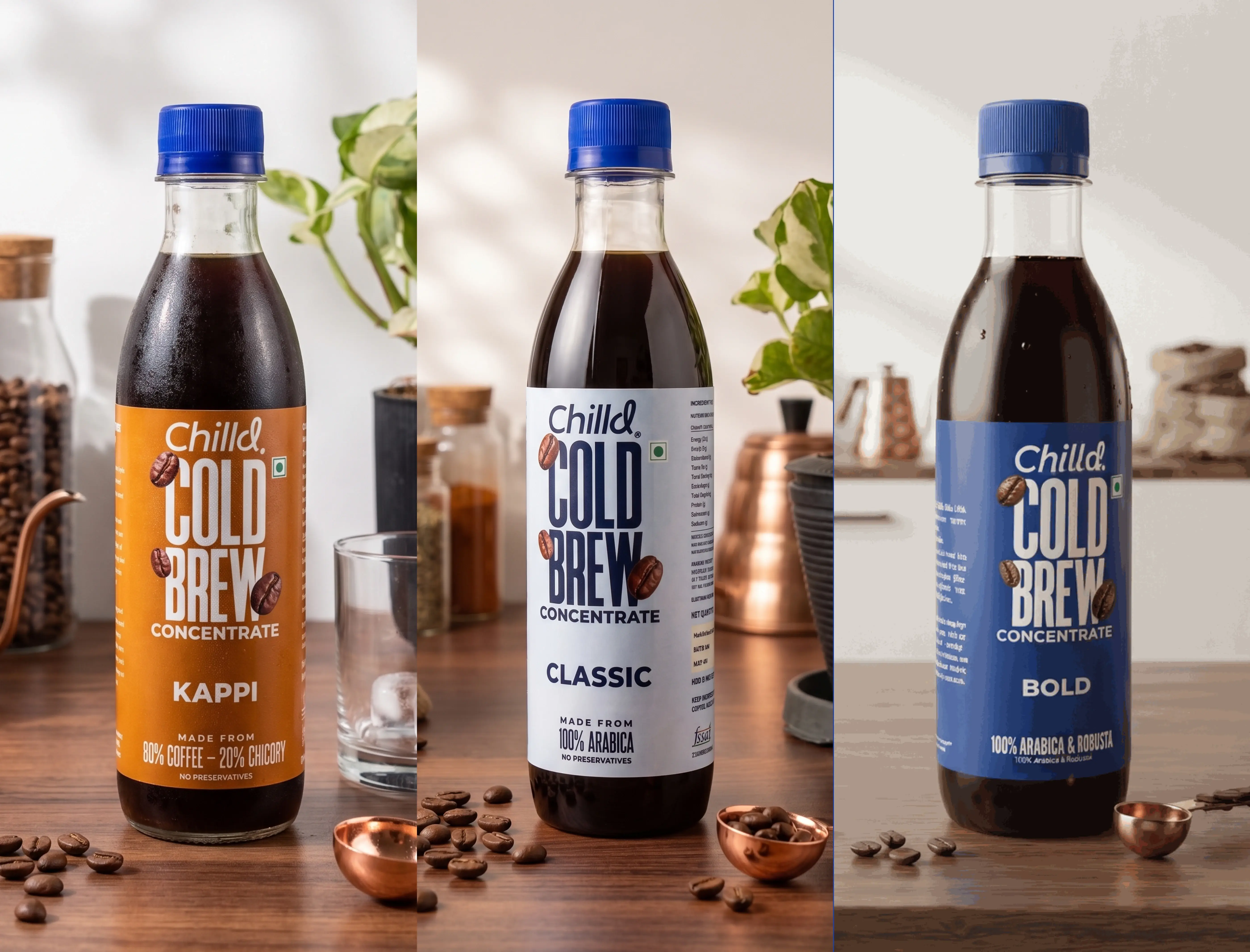 Three glass bottles of Kappi, Classic, and Bold cold brew concentrates.