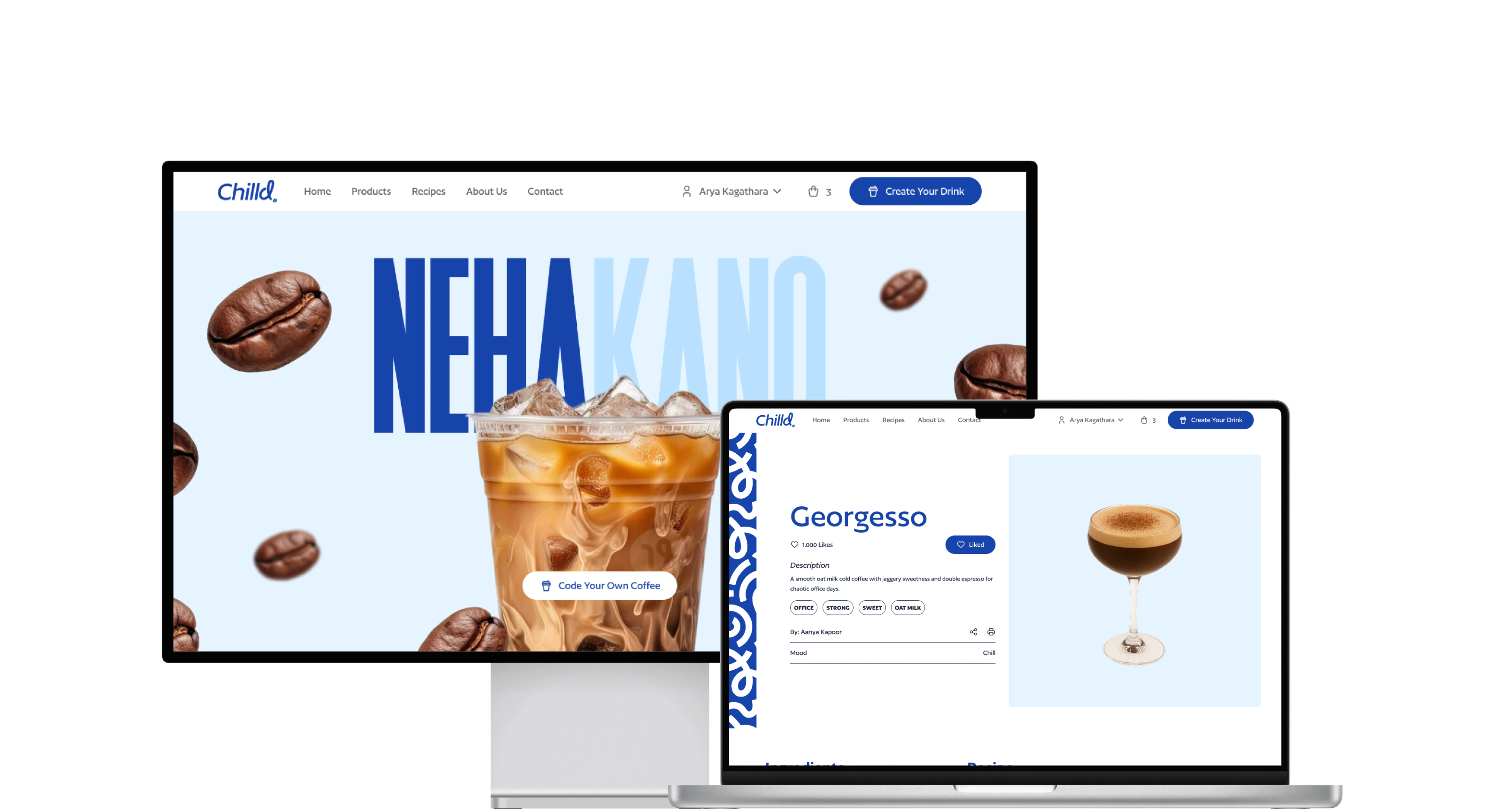Desktop monitor and laptop displaying Chilld Coffee e-commerce website UI.