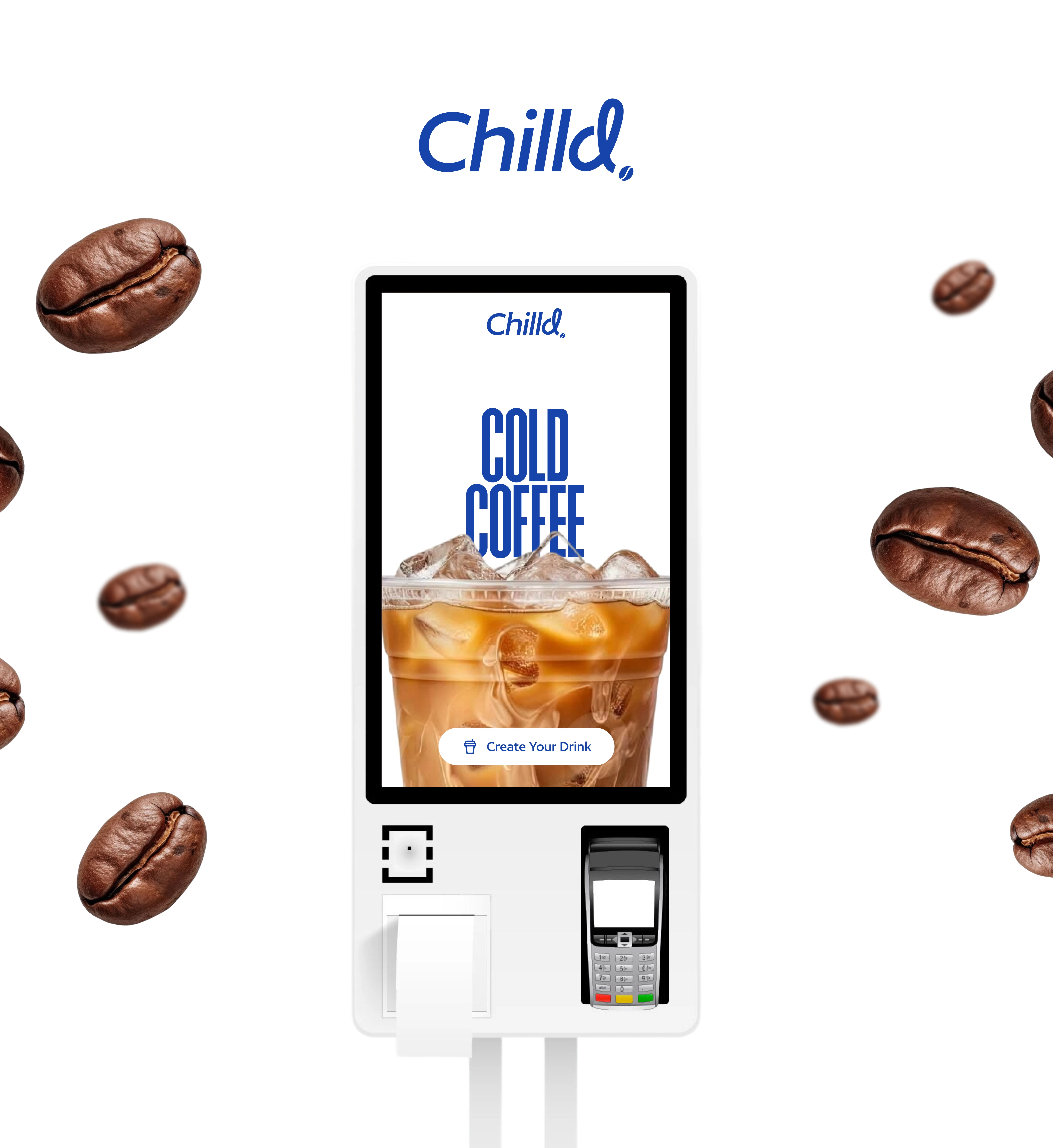 Self-service digital ordering kiosk screen mockup with card payment terminal.