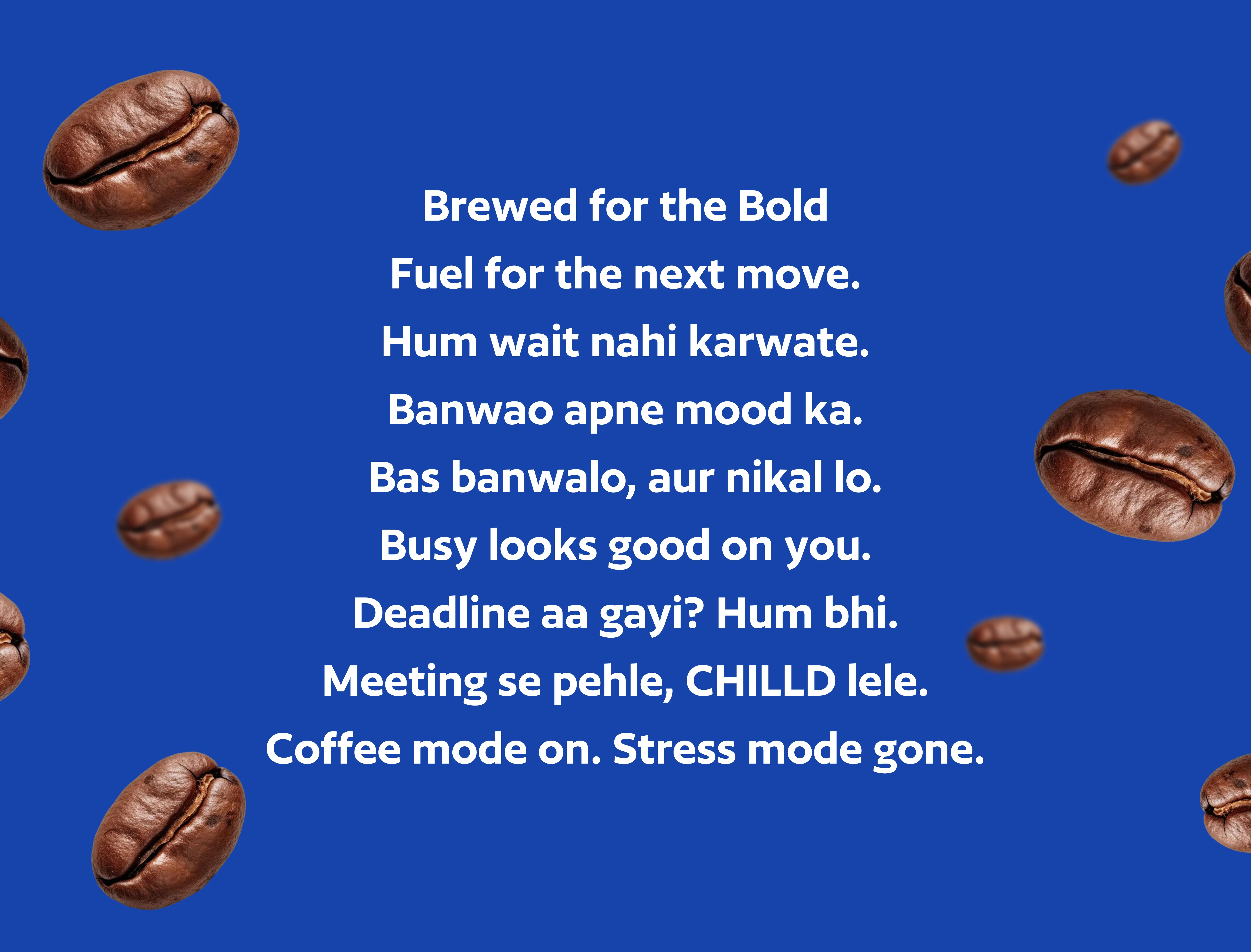 Brand copy taglines on blue background surrounded by floating coffee beans.