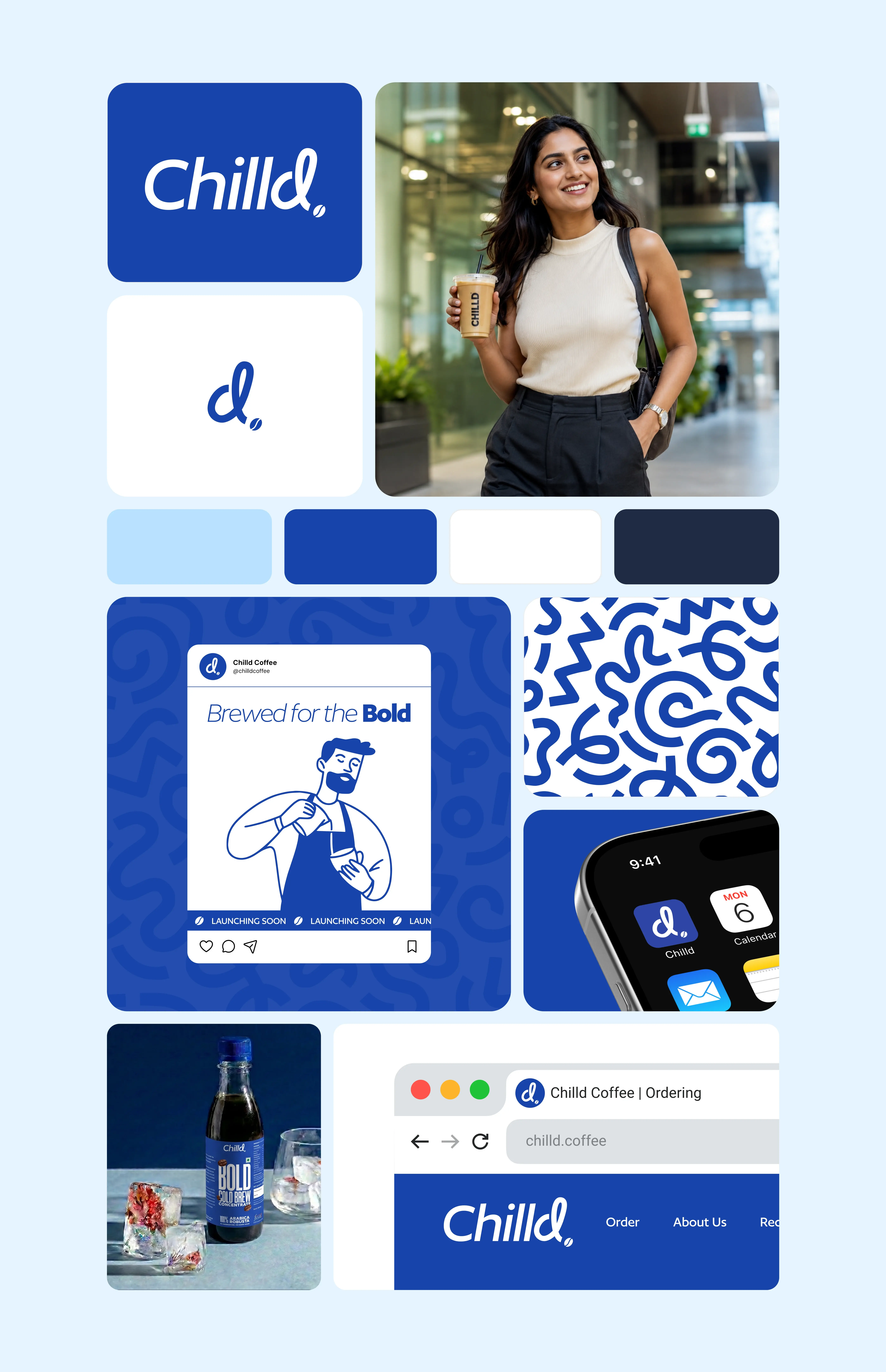 Grid showing logo, woman with coffee, social post, bottle, and web header.
