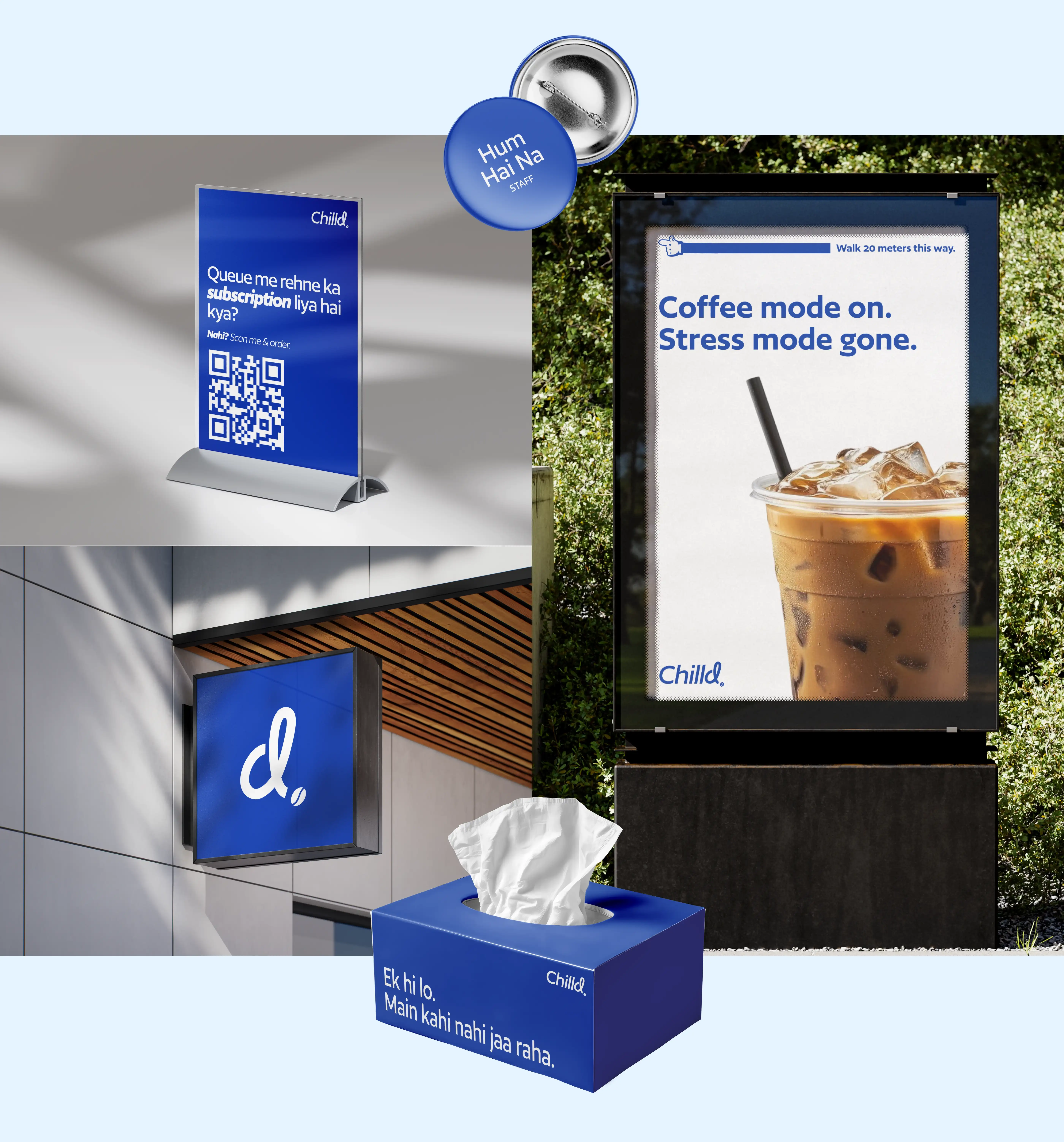 Outdoor poster, counter QR standee, store sign, badges, and tissue box.