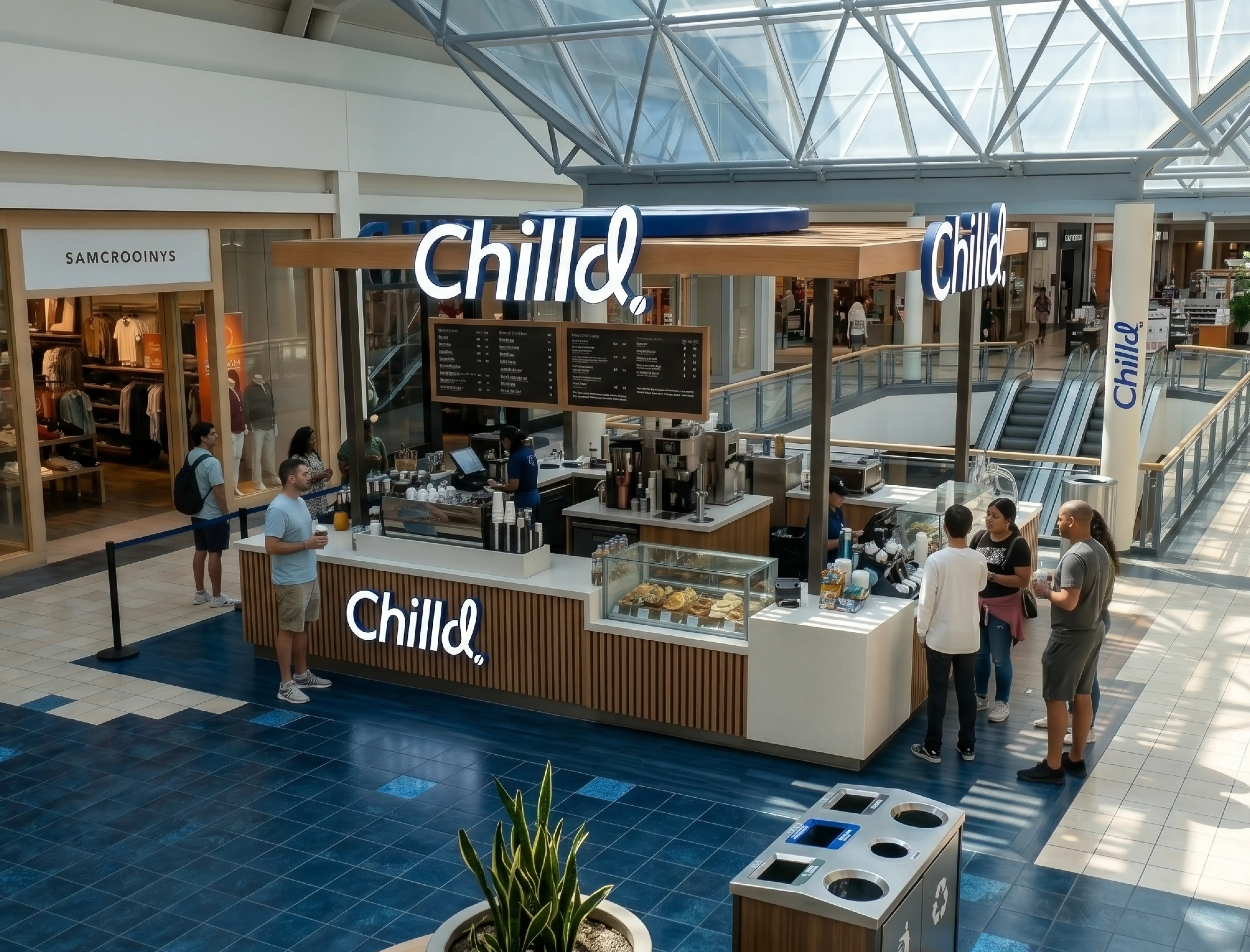 High-angle view of a modern Chilld Coffee retail kiosk booth in a mall.
