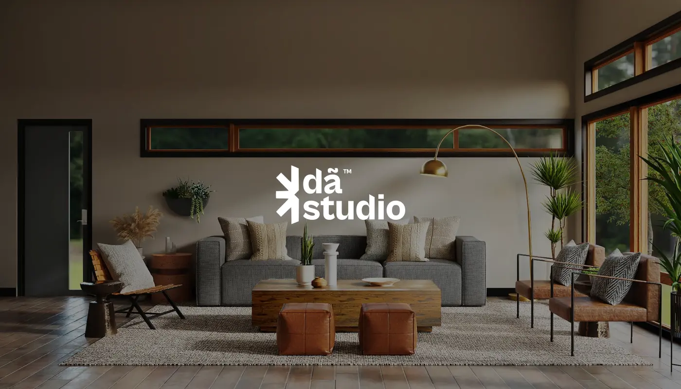 White DA Studio brand logo centered over a photorealistic interior design rendering of a modern living room with a grey sofa and wood accents.