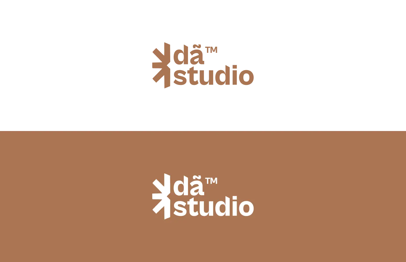 DA Studio brand logo variations showing a copper-toned logo on a black background, and a white logo on a copper-toned background.