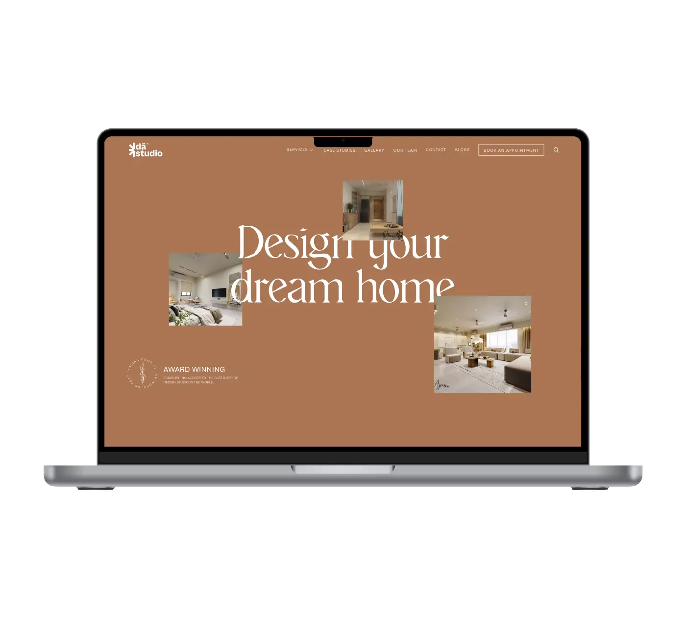 Laptop mockup showing the DA Studio website homepage with a warm brown background, featuring the text 'Design your dream home' and several interior design project images.