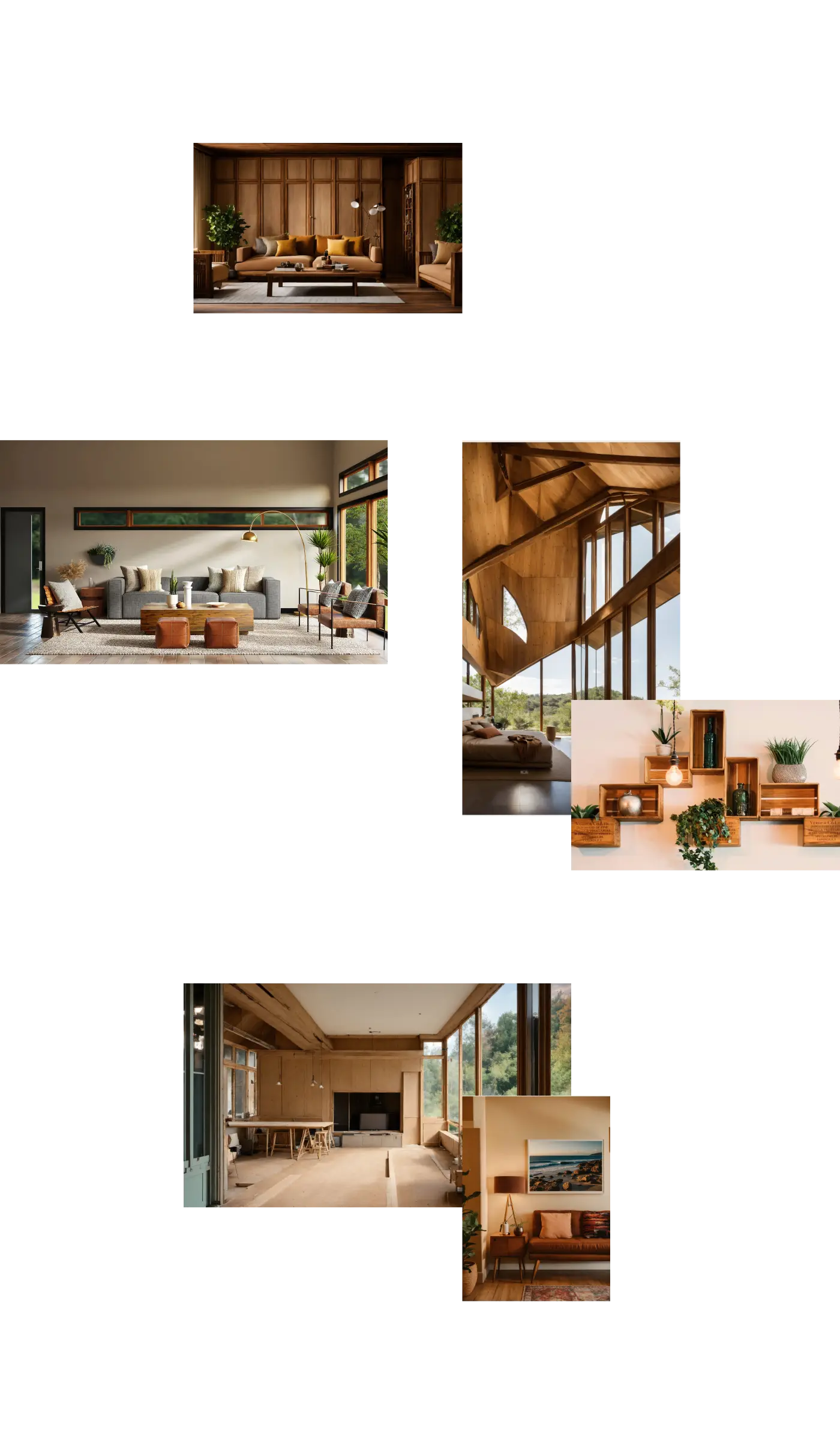A mood board collage of various modern interior design projects by DA Studio, including living rooms with wood paneling, a bedroom with large windows, and unique wall shelving.