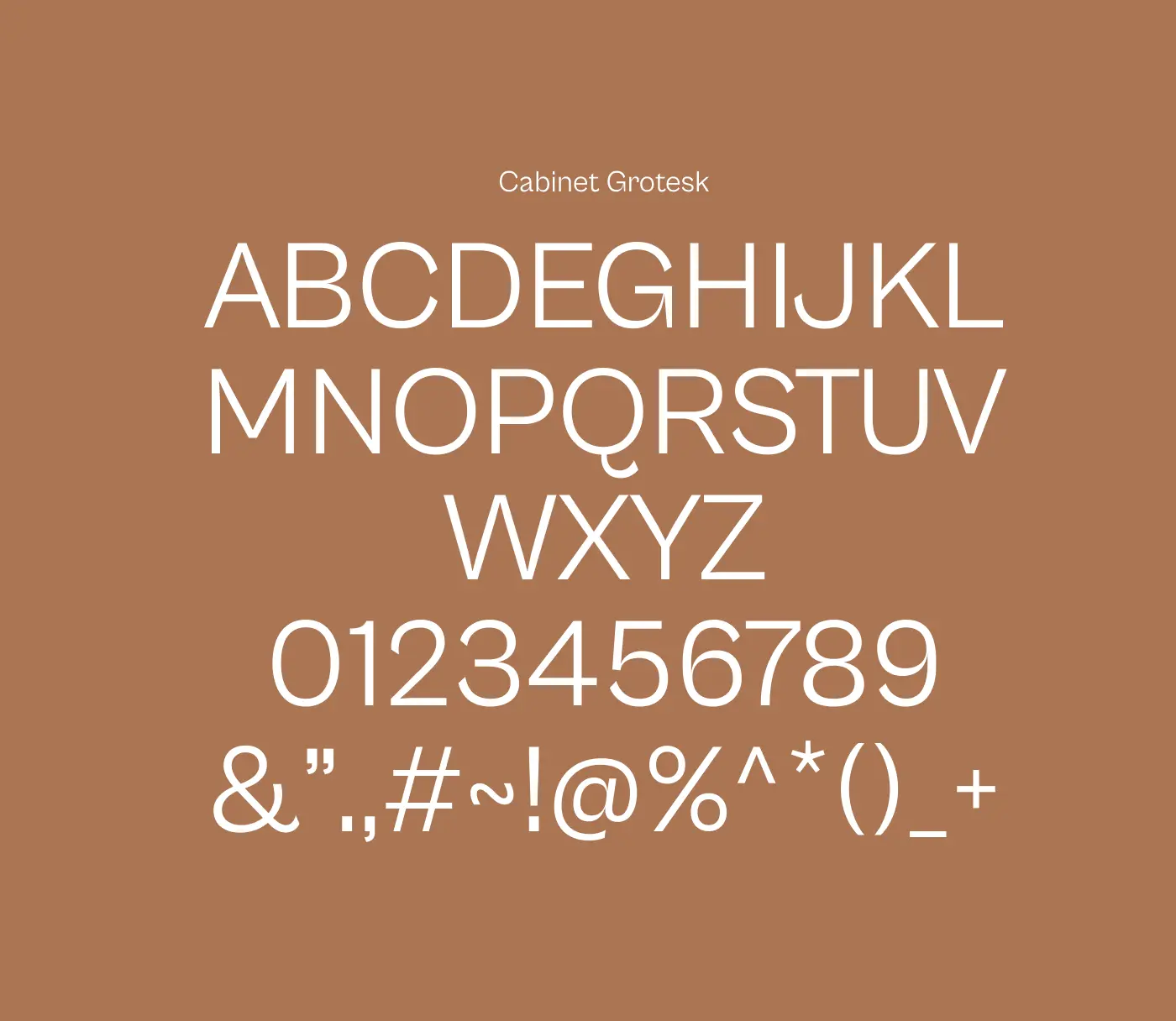 Cabinet Grotesk typography specimen sheet displaying white uppercase letters, numbers, and symbols on a brand color brown background.