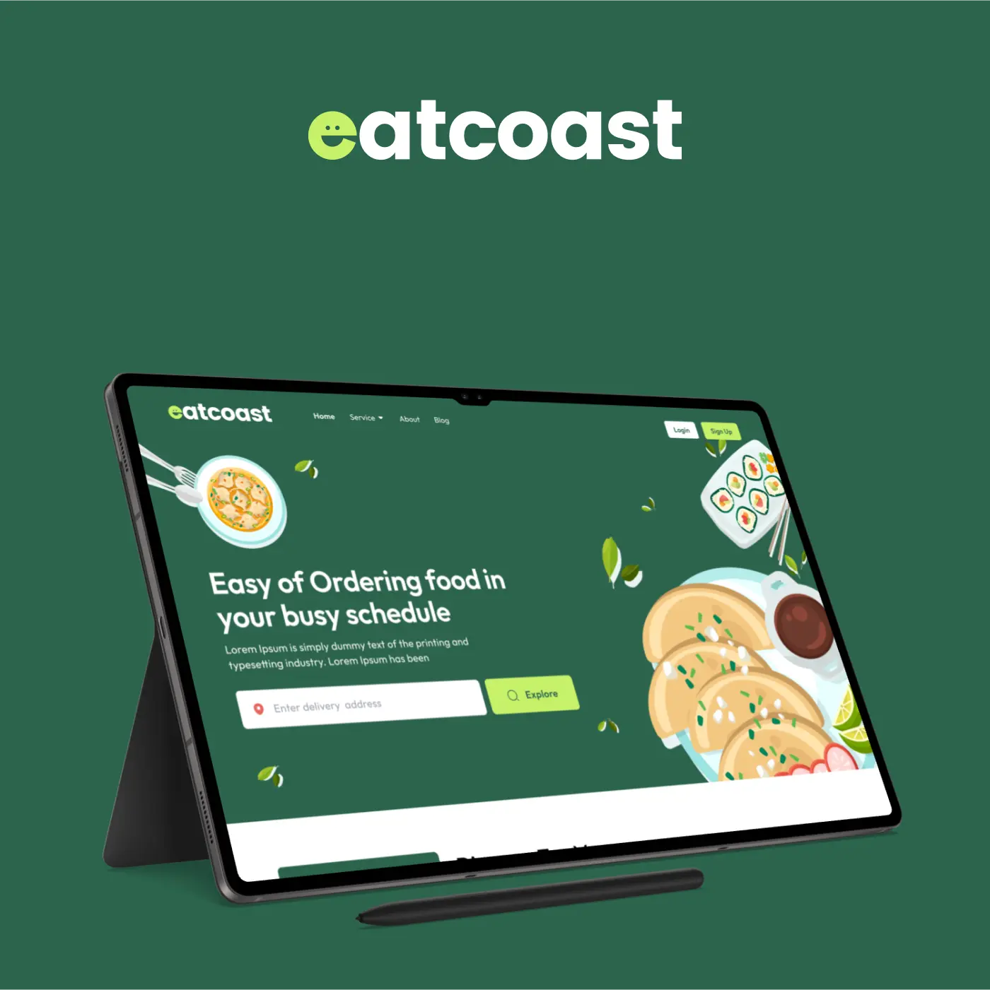 A tablet mockup displaying the EatCoast food ordering homepage on a green background.