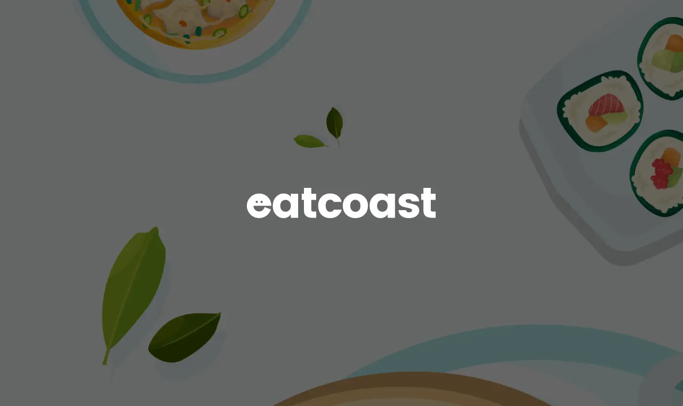 White EatCoast brand logo centered on a light gray background with food illustrations.