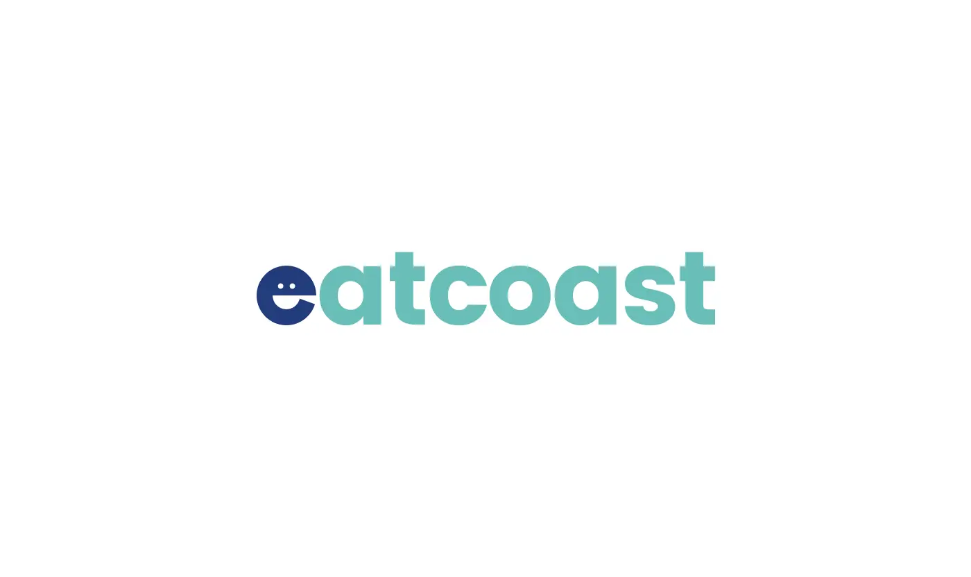 The EatCoast color wordmark on a white background, featuring a blue smiling 'e' icon.