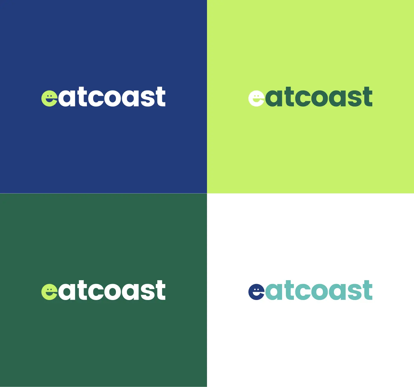 Four color variations of the EatCoast logo displayed on dark blue, lime green, dark green, and white backgrounds.