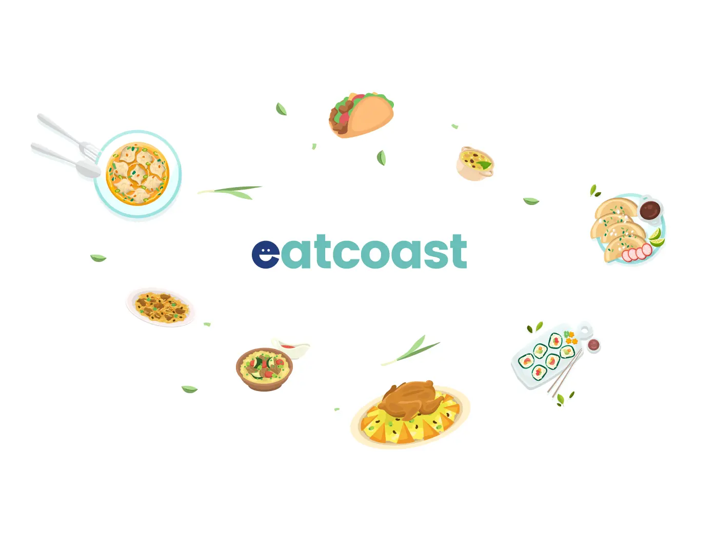 EatCoast color logo surrounded by a circular layout of hand-drawn food illustrations on white background.