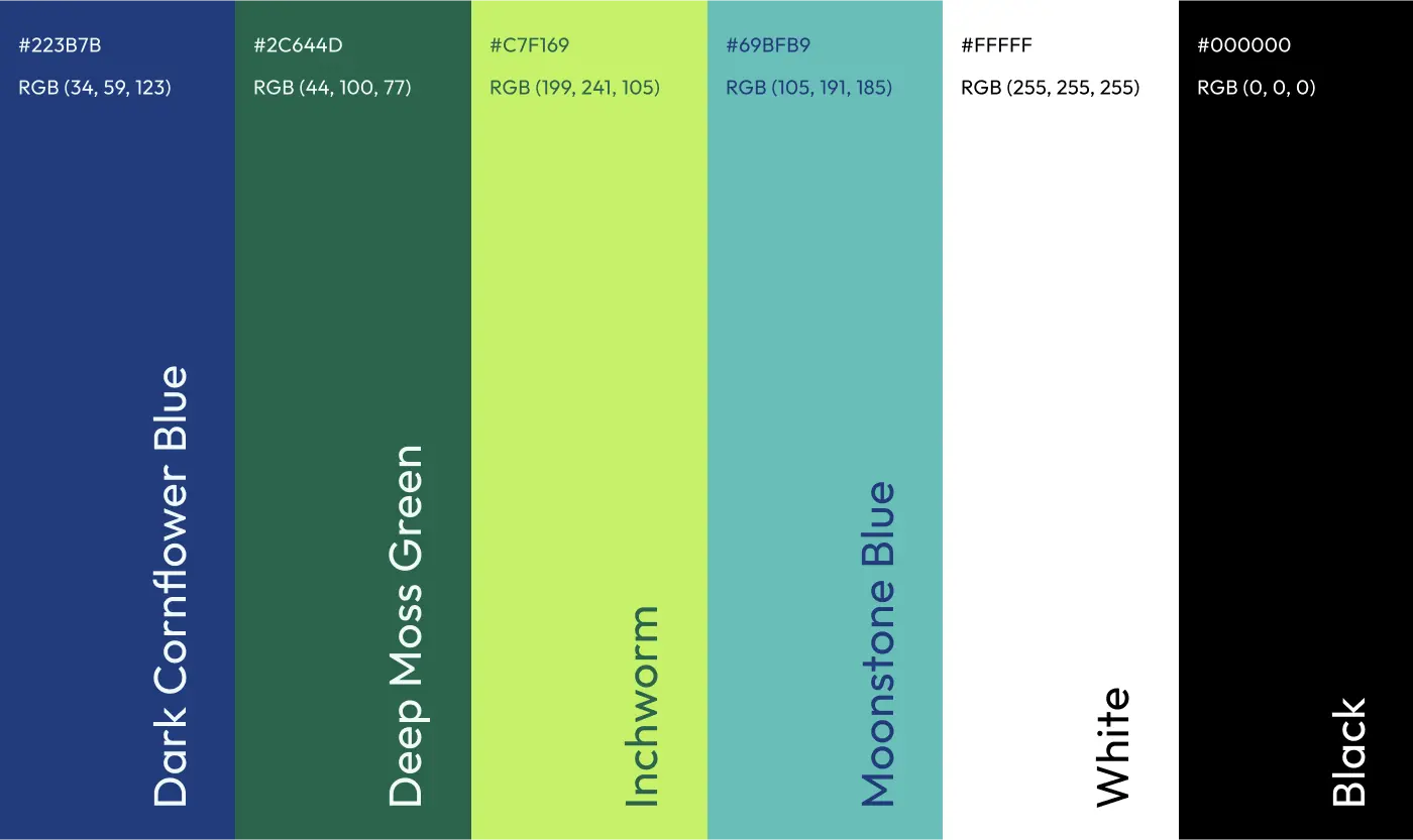 Brand color palette swatches with hex and RGB values for blue, green, lime, teal, white, and black.