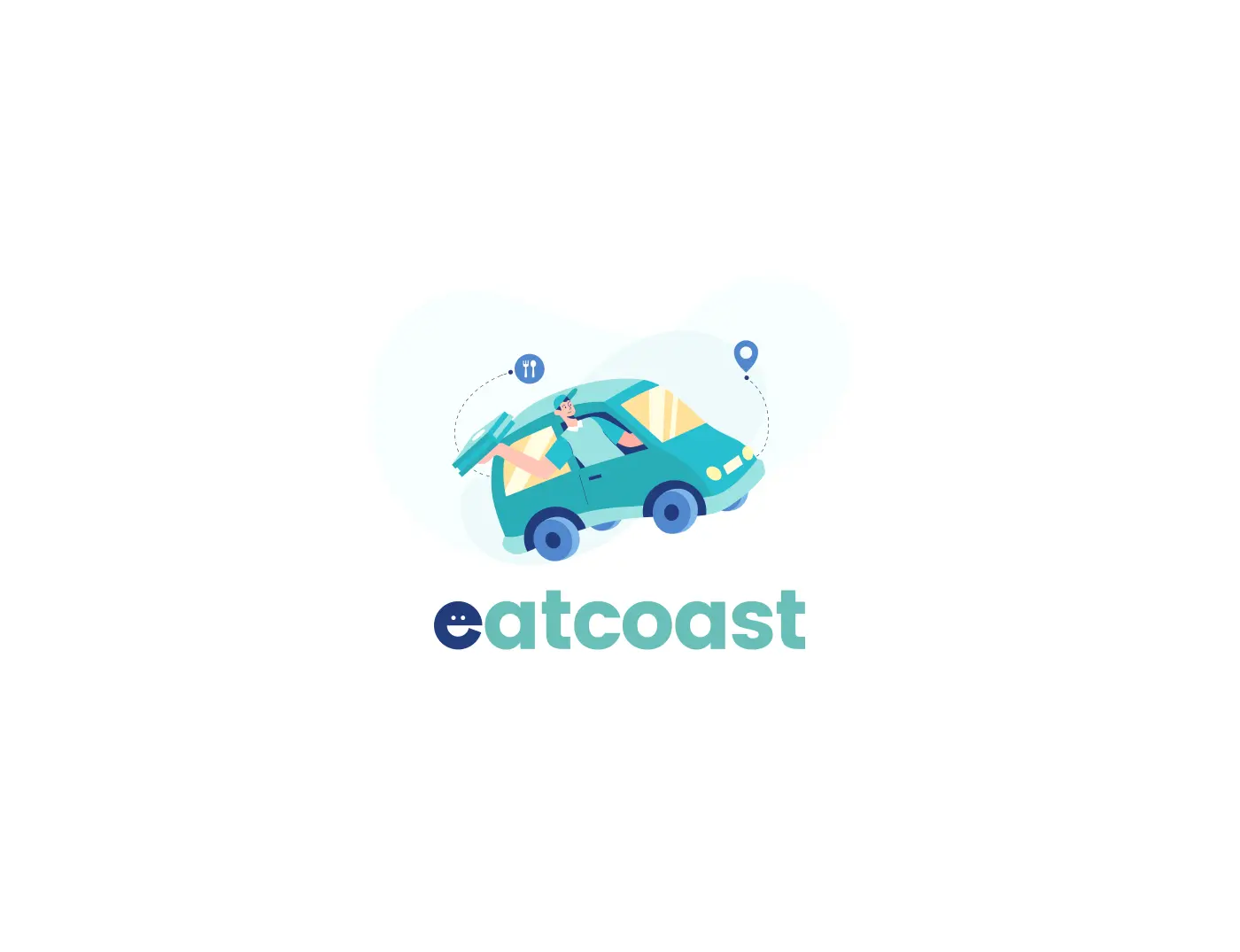 A cartoon illustration of a delivery driver in a small blue car beneath the EatCoast logo.