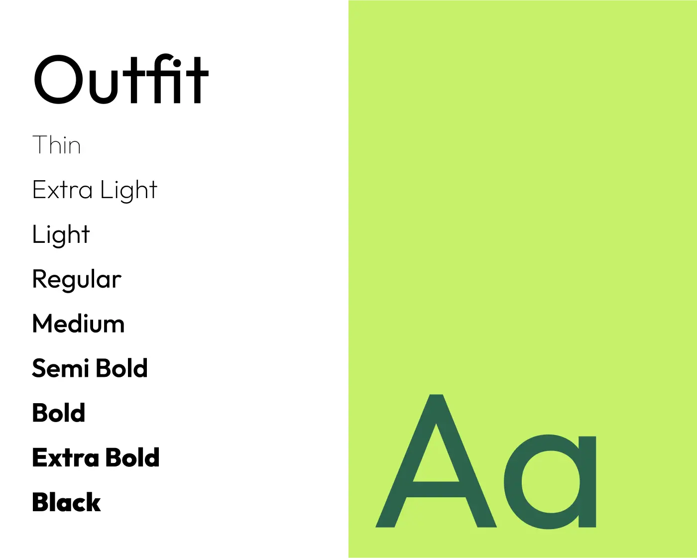 Outfit font typography specimen showing various font weights next to a lime green panel.