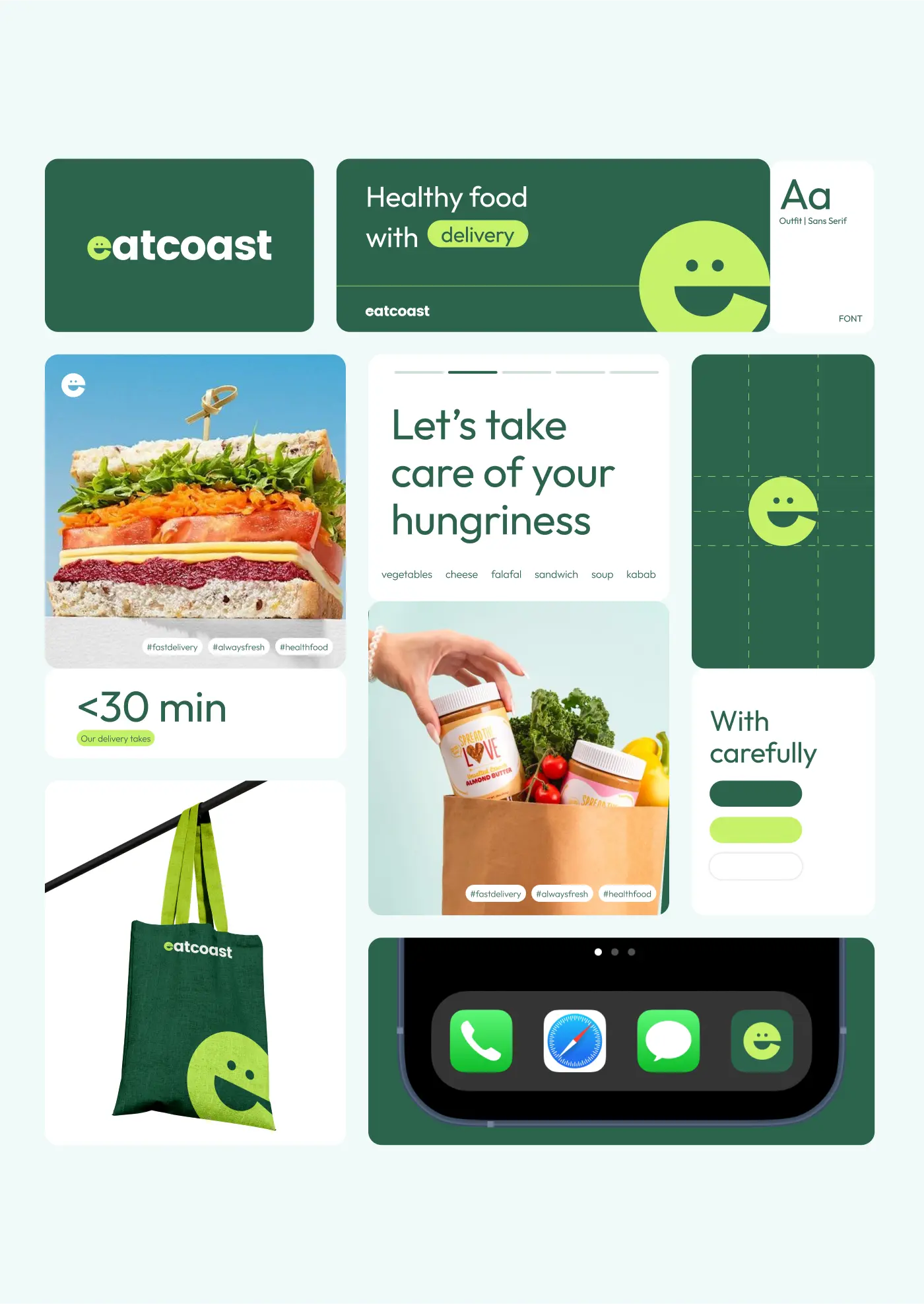 Brand identity design showcase including social media banner, packaging, green tote bag, and app icon mockups.