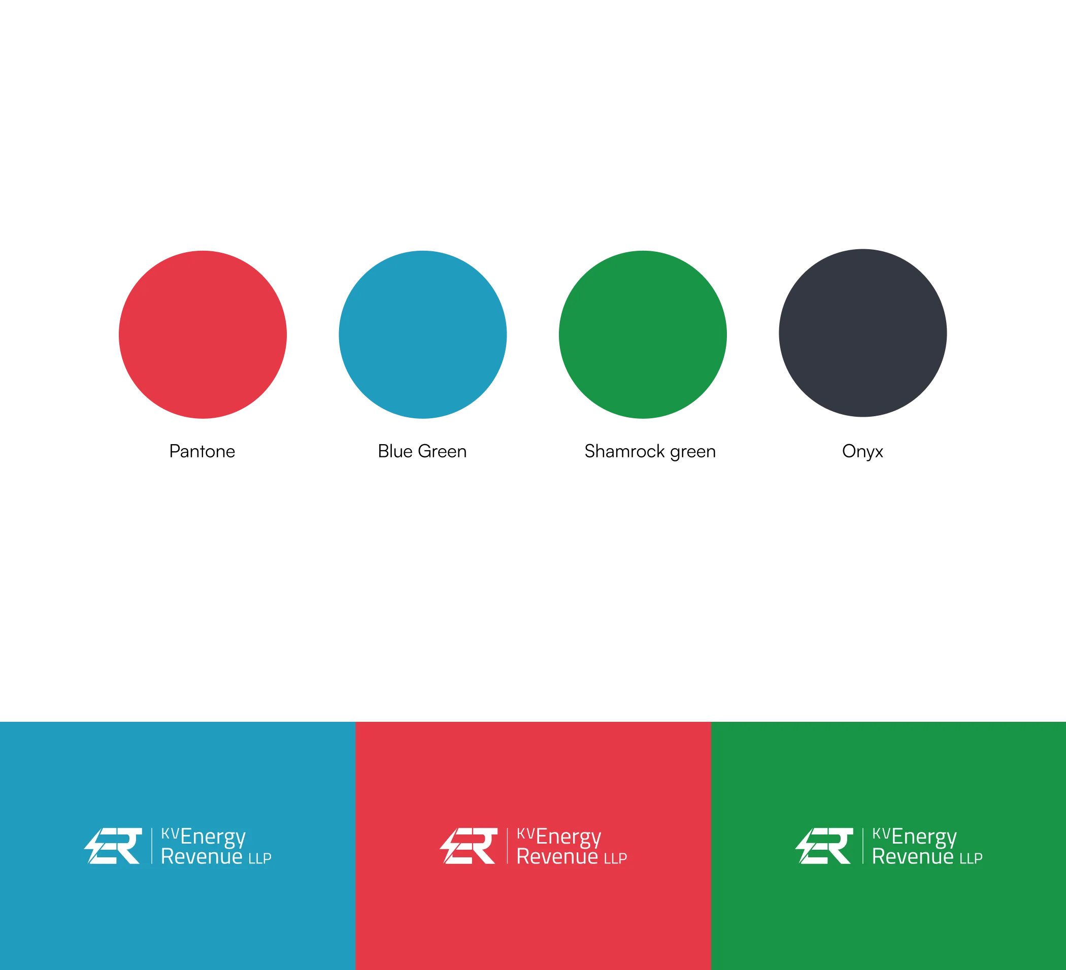 KV Energy branding color palette swatches showing red, blue, green, and dark grey circles, alongside white logo variations on colored backgrounds.