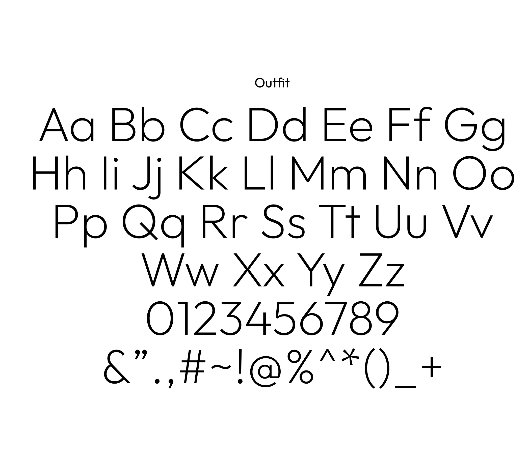 Typography specimen sheet for the Outfit font family used in KV Energy branding, displaying uppercase, lowercase, numbers, and symbols.