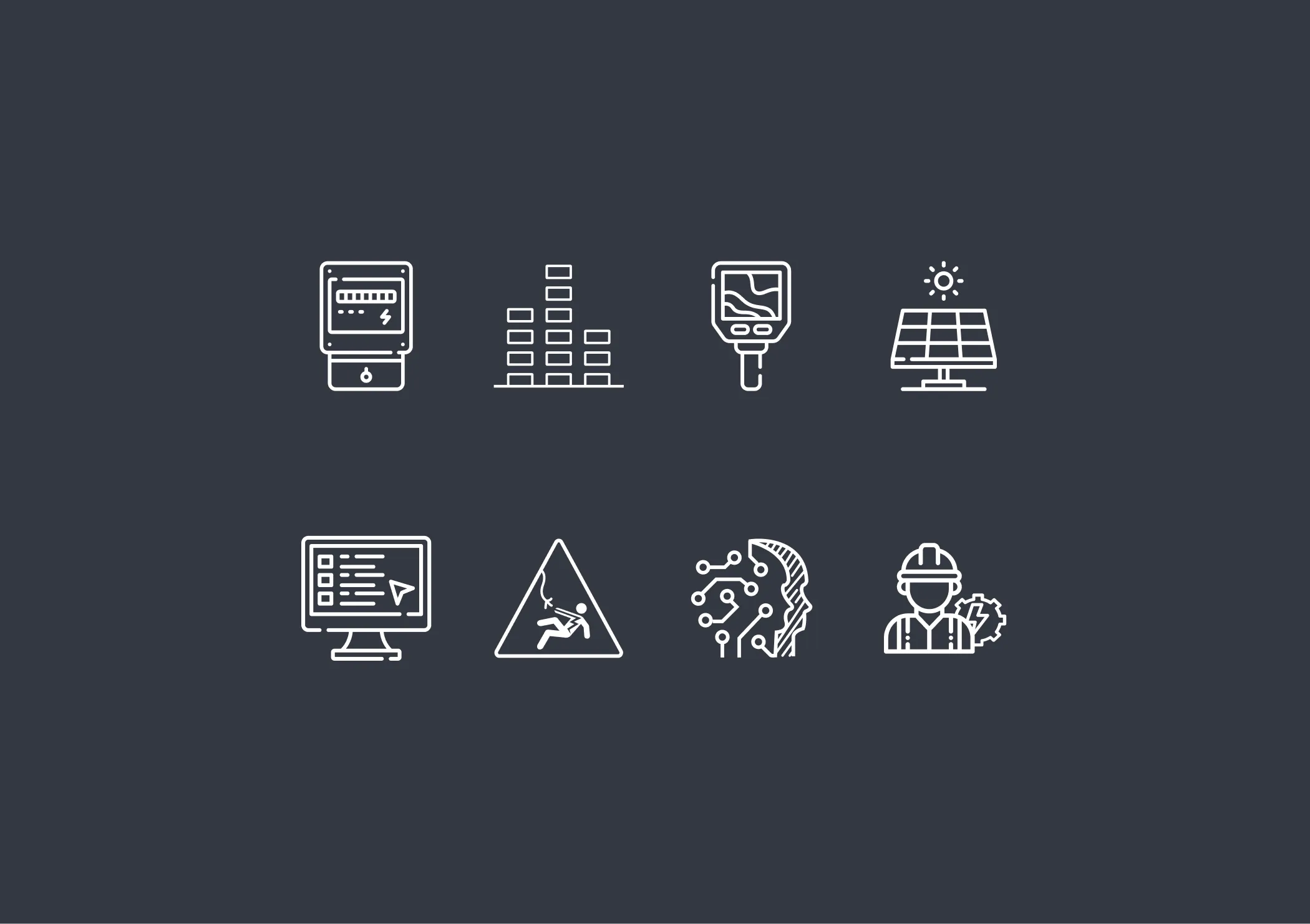 A set of eight white line icons representing KV Energy services: smart metering, data analytics, thermal imaging, solar panels, monitoring, safety, AI technology, and engineering.