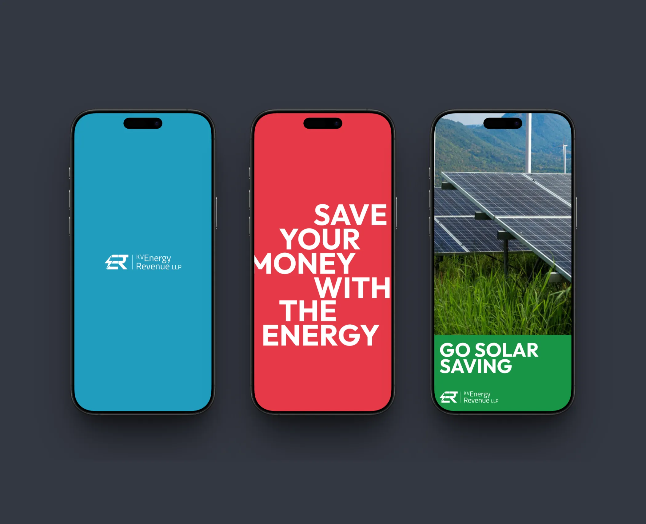 Three smartphone mockups displaying KV Energy mobile interfaces: a blue logo splash screen, a red screen with 'SAVE YOUR MONEY WITH THE ENERGY' text, and a green screen featuring solar panels.