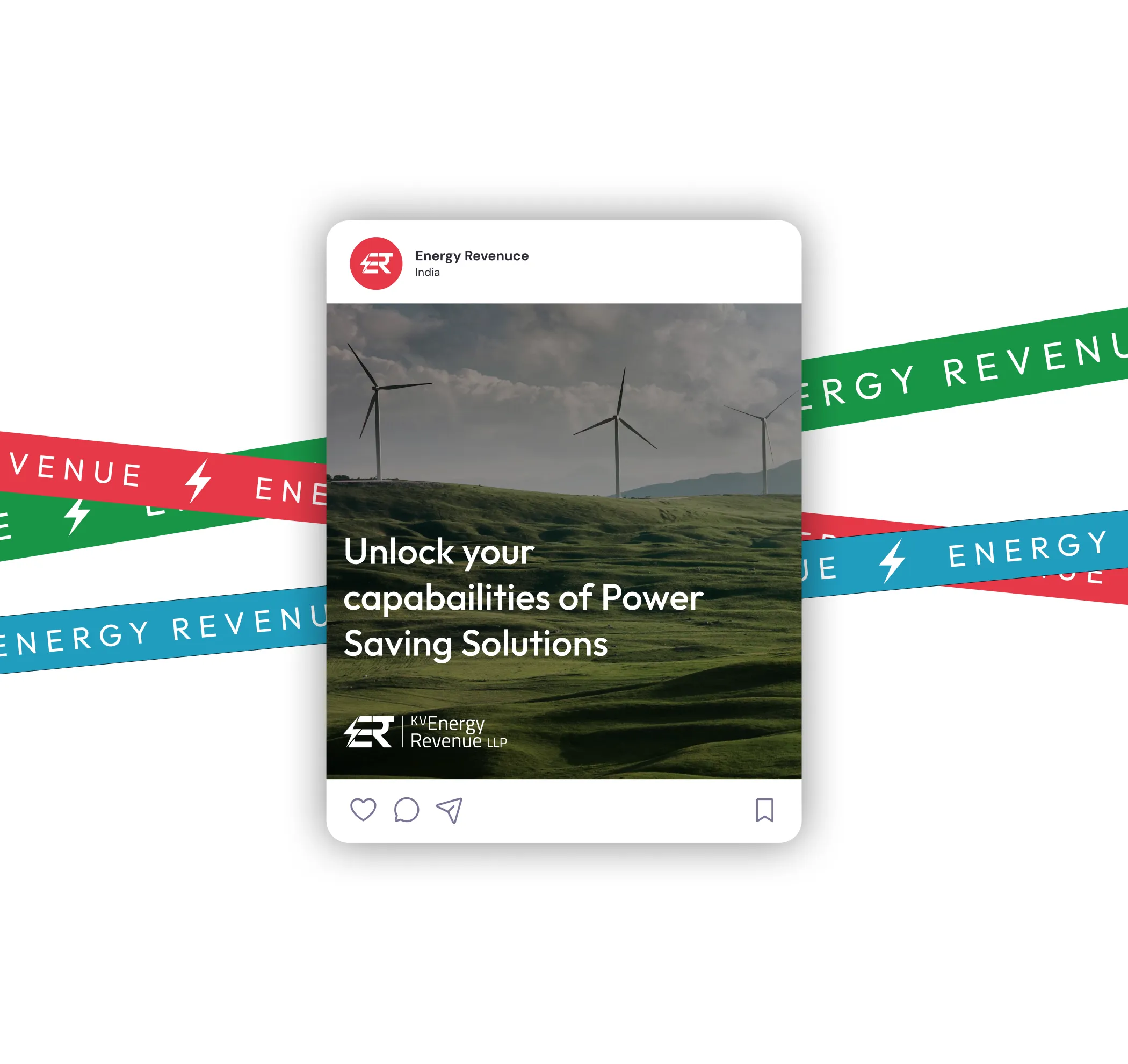 Social media post mockup for KV Energy Revenue featuring a wind farm image and the text 'Unlock your capabilities of Power Saving Solutions', framed by branded colored ribbons.