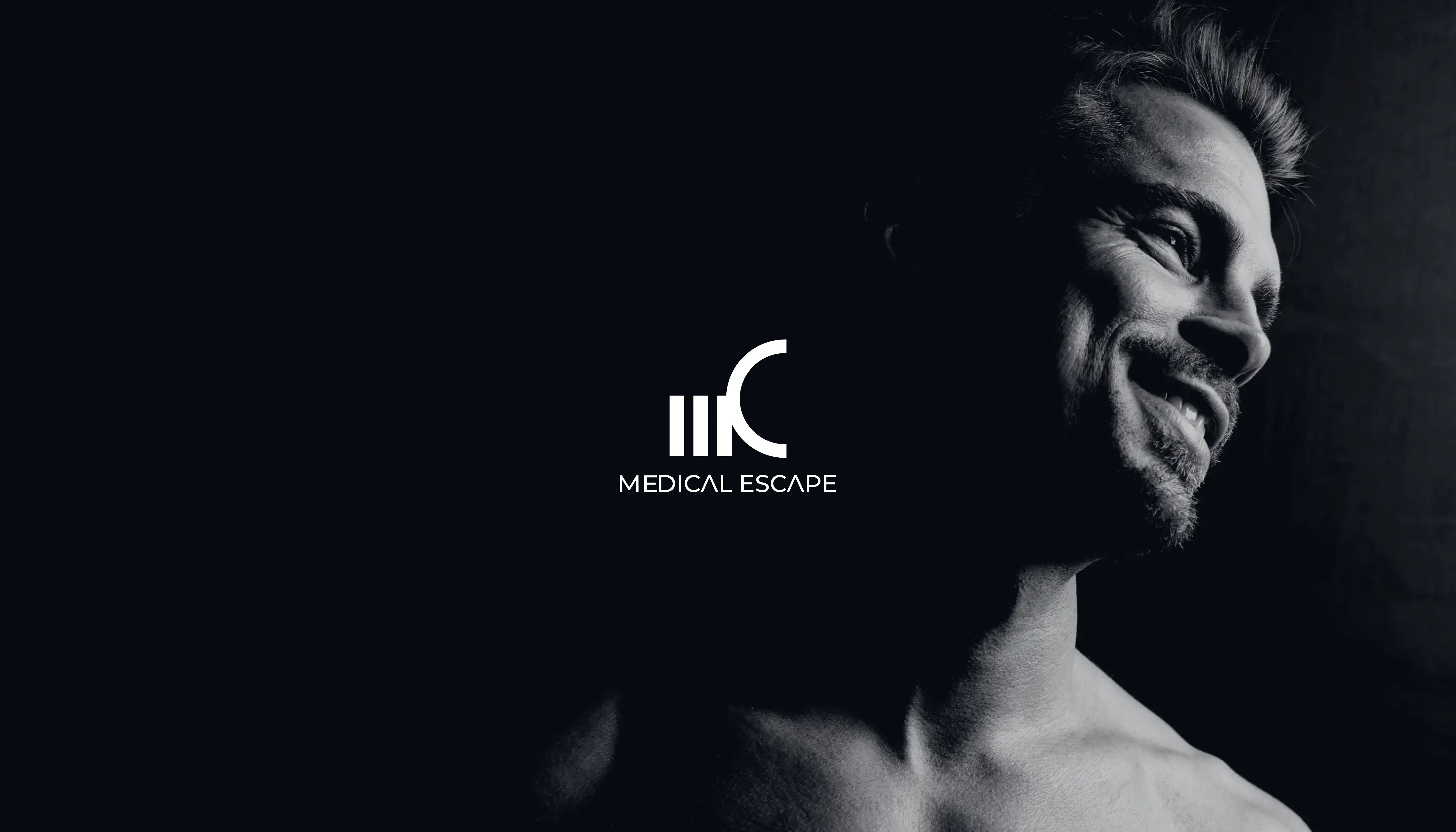 Medical Escape brand logo next to a high-contrast side profile portrait of a smiling man on a dark background.