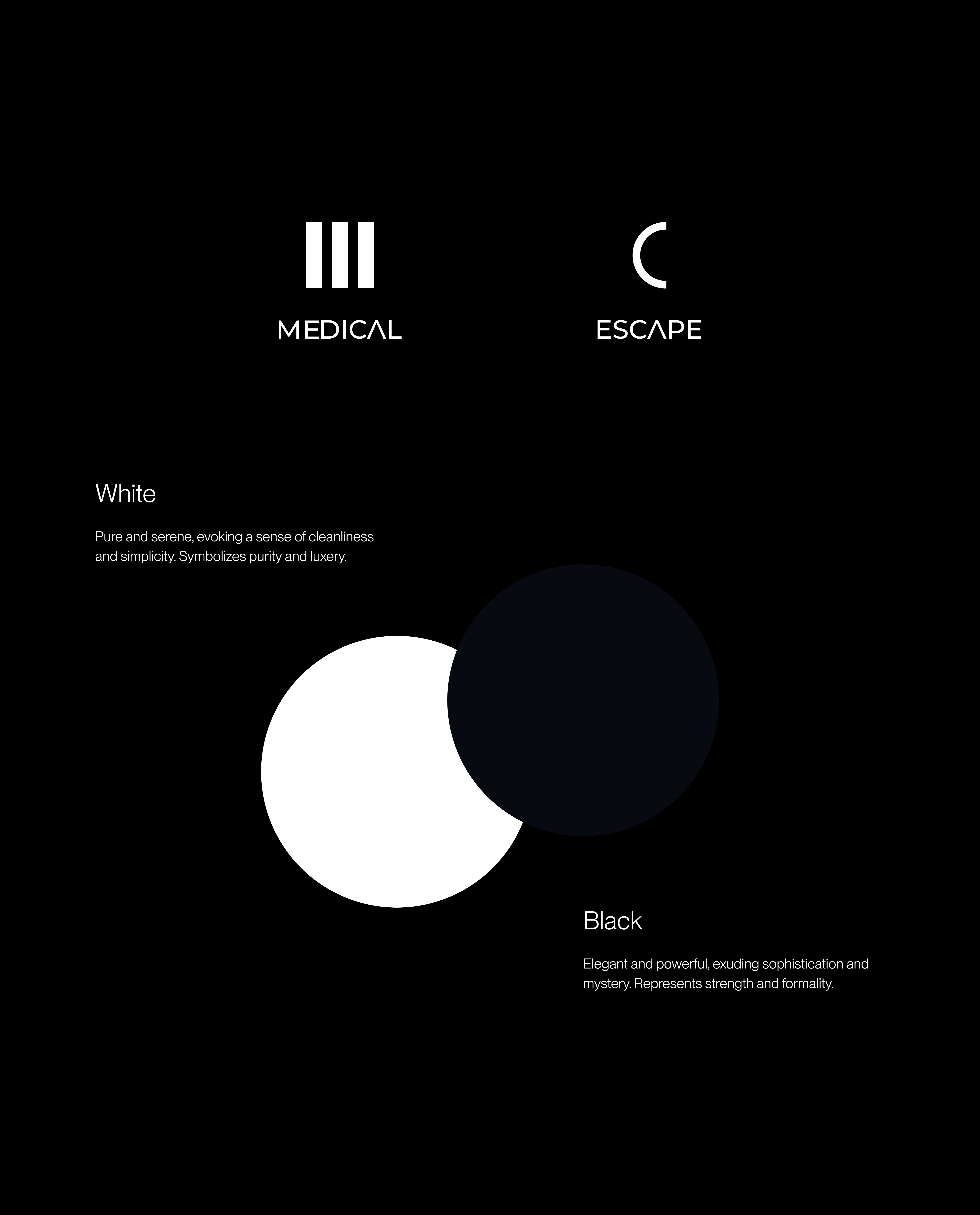 Branding elements showing logo concepts for Medical and Escape with large intersecting black and white circles.