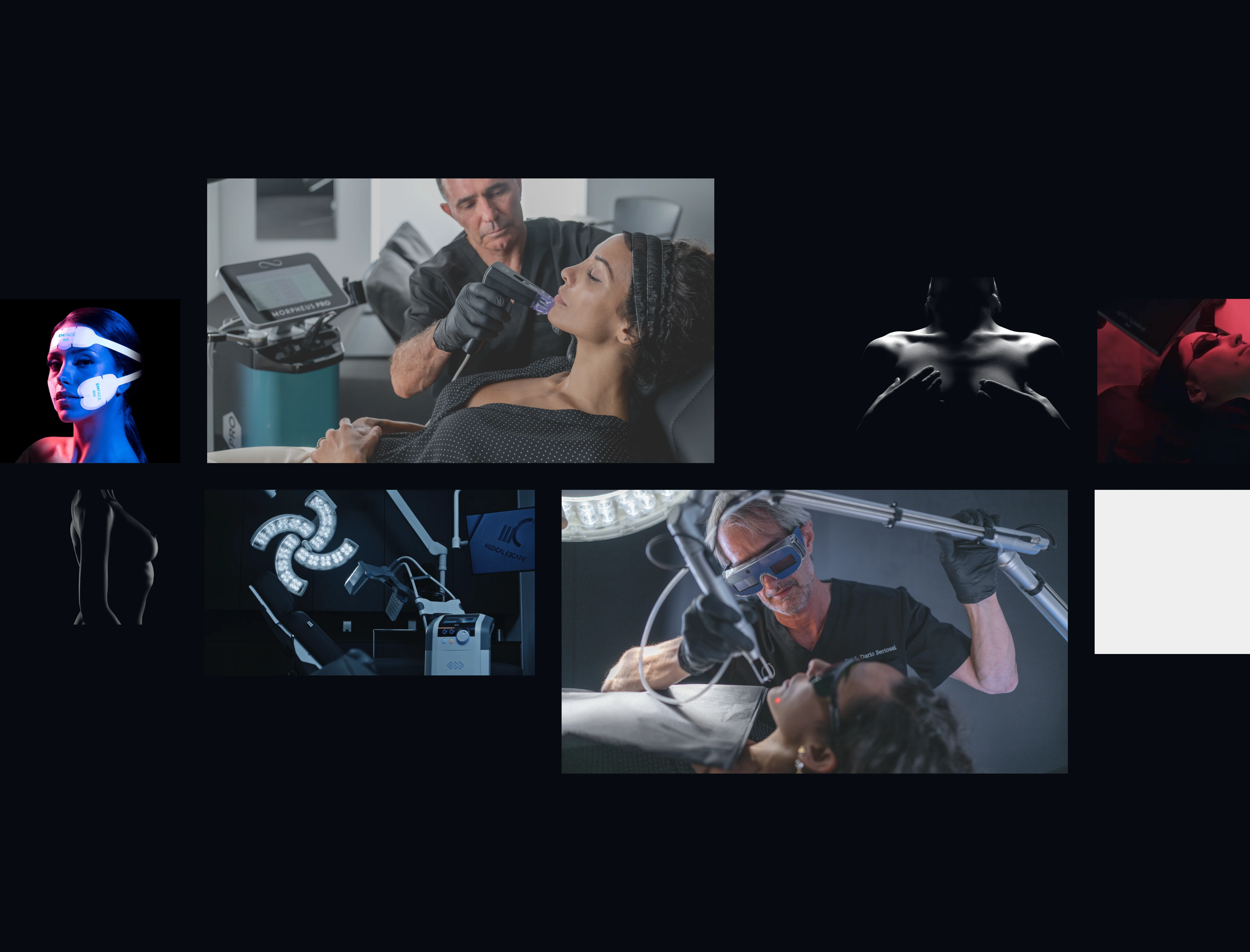 A collage of high-contrast skin clinic photos showing laser treatments, surgical equipment, and patient faces.