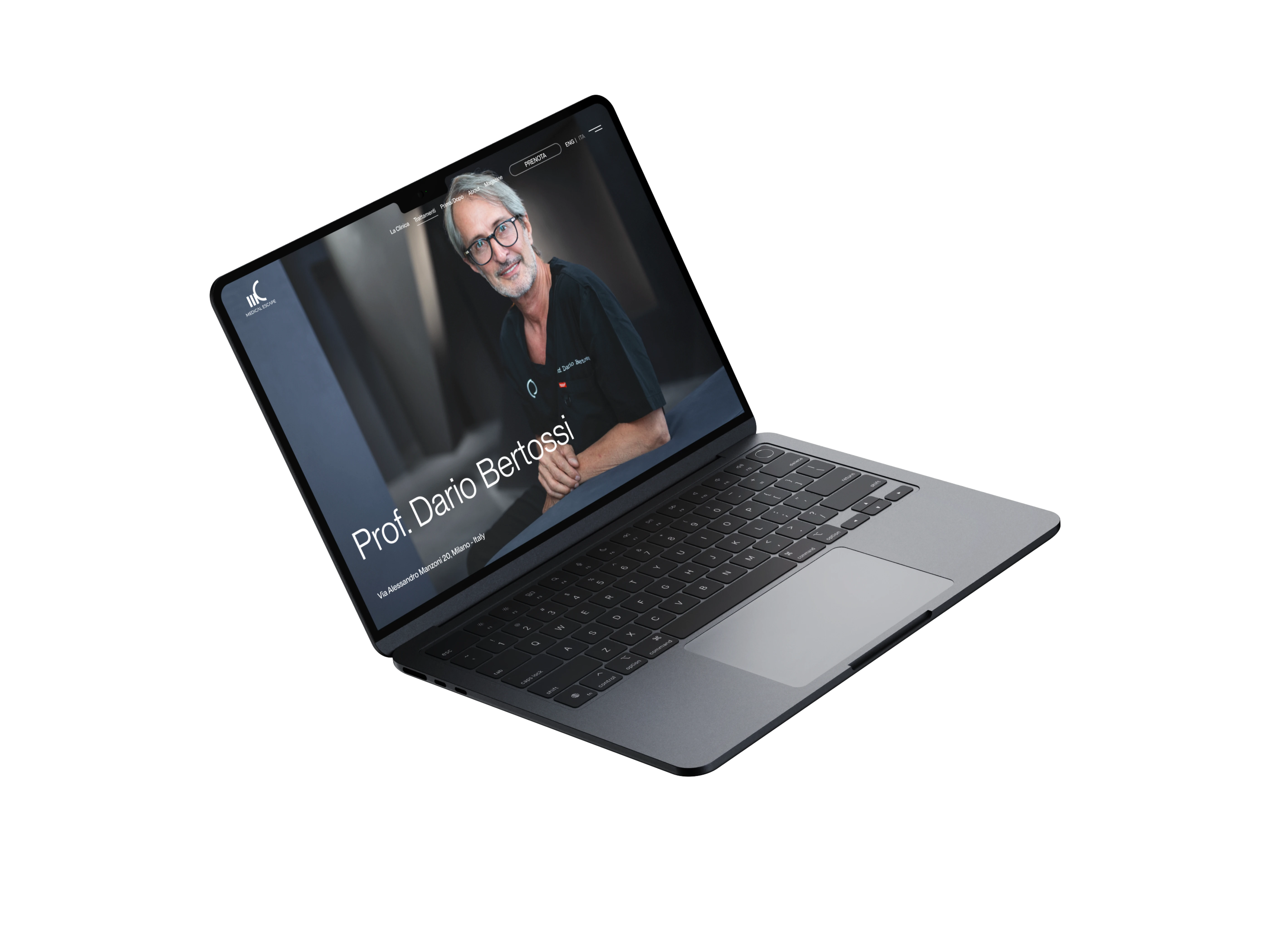 A laptop mockup displaying the professional biography page of Prof. Dario Bertossi on the Medical Escape website.