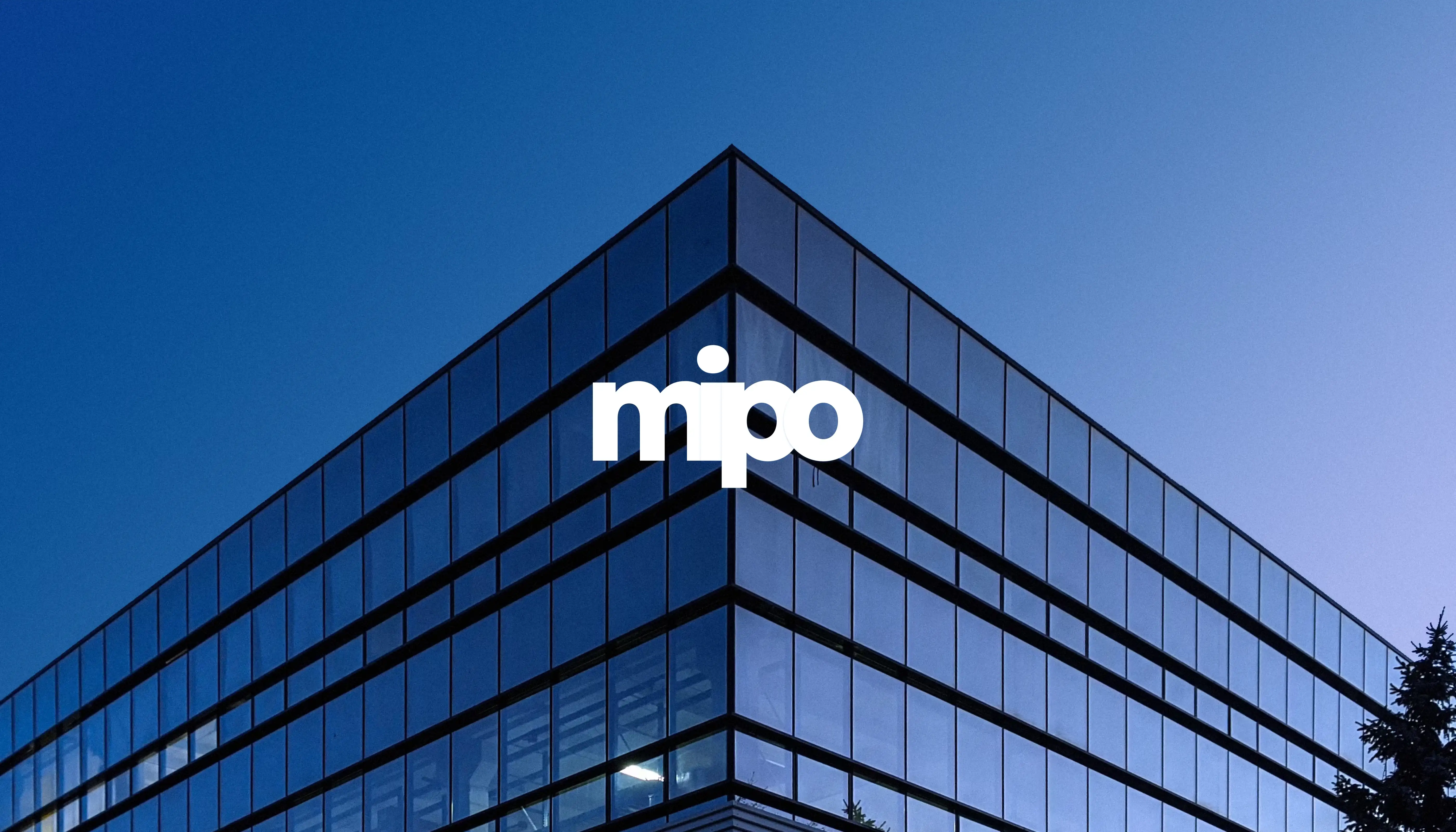 White Mipo brand logo overlaid on a blue glass corporate office building corner.
