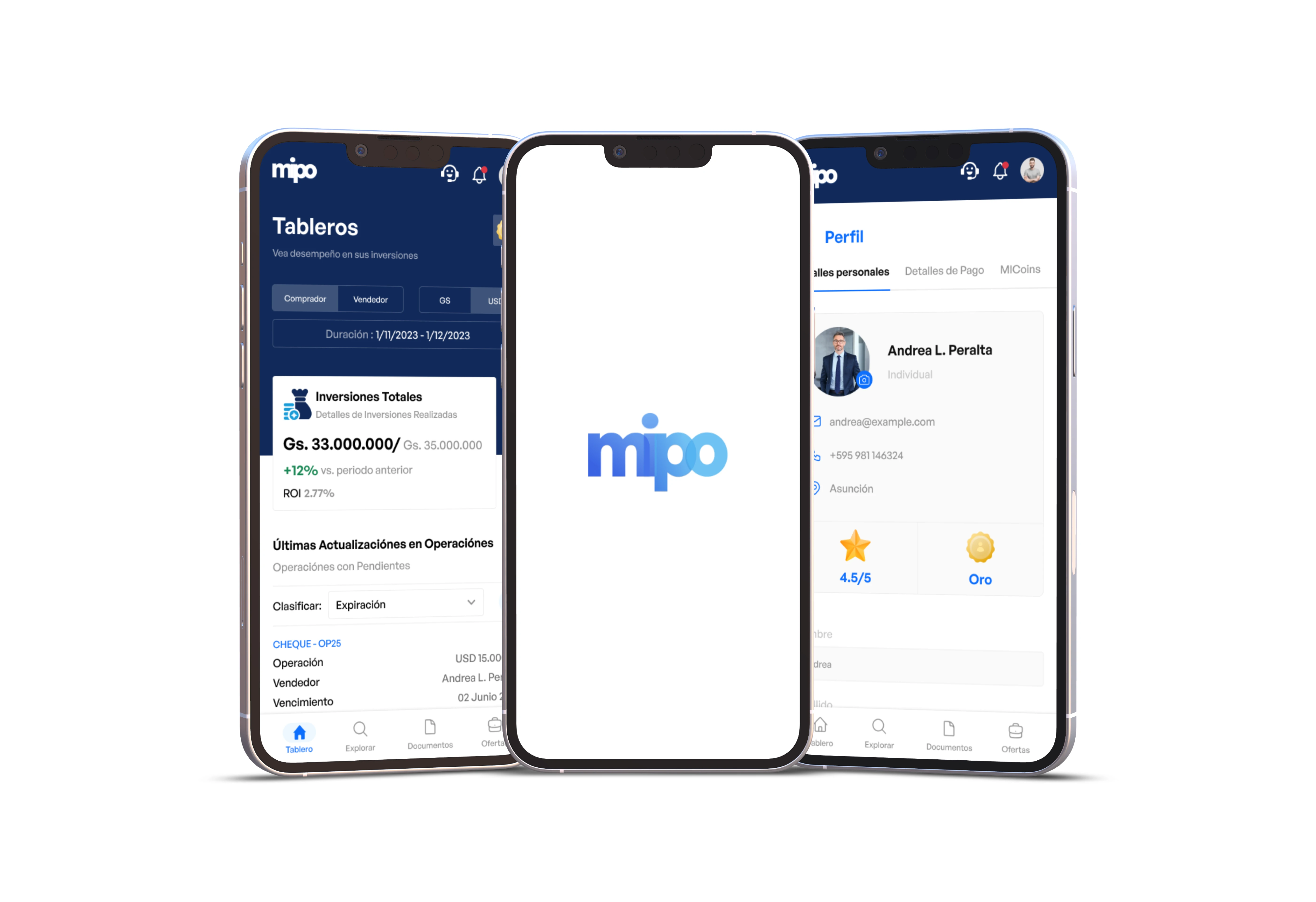Three smartphone mockups showcasing the Mipo mobile app splash screen, dashboard, and user profile views.